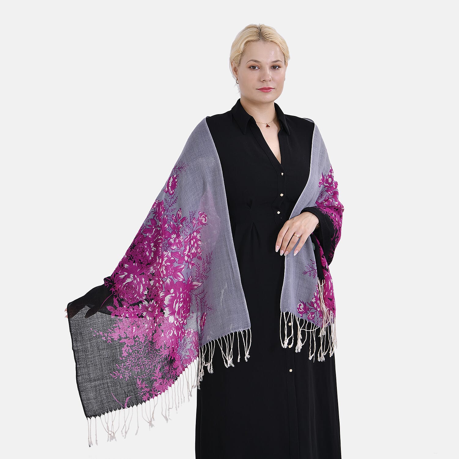 Material 100% Merino Wool size 65 X 180cm Black Base With Purple Flower Print.