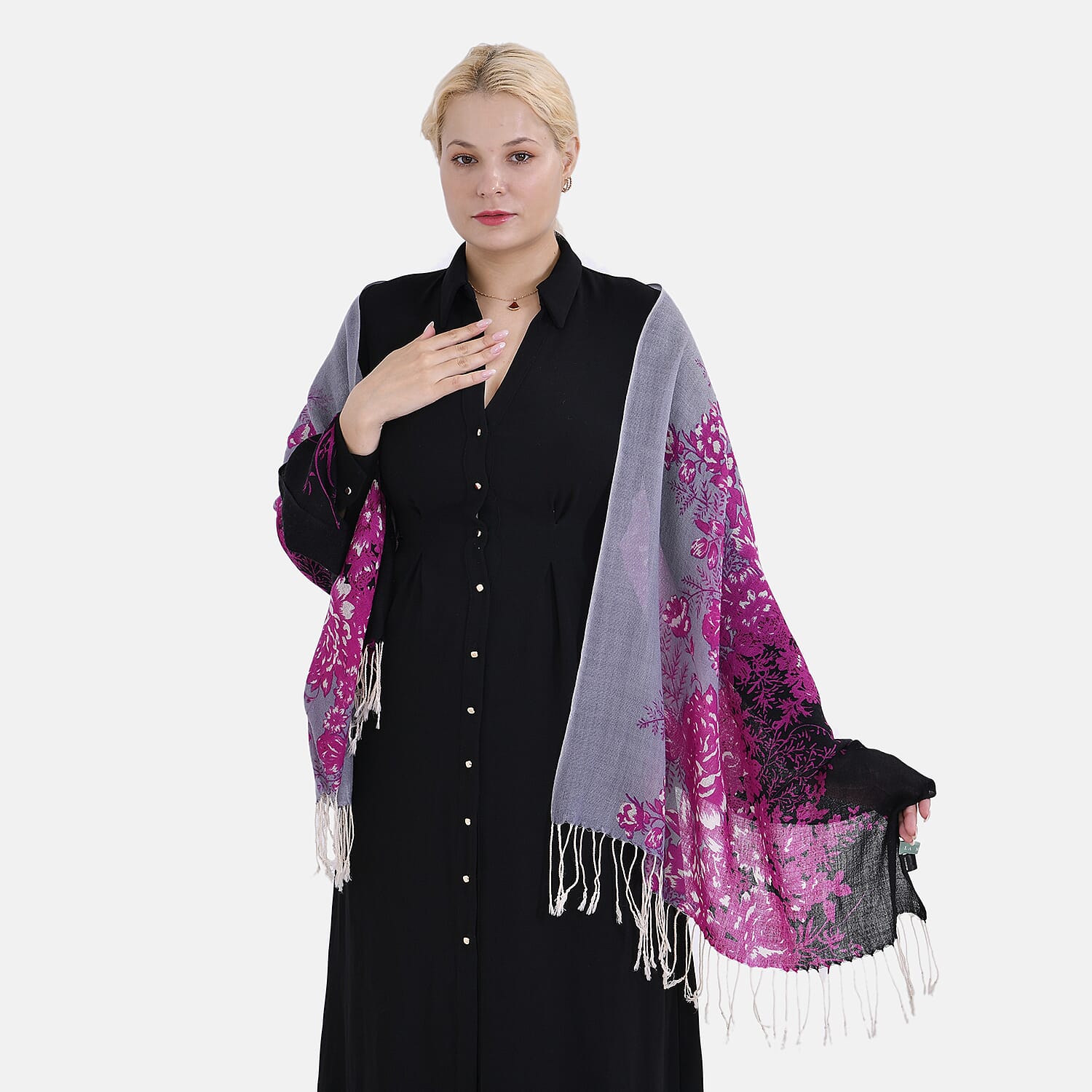 Material 100% Merino Wool size 65 X 180cm Black Base With Purple Flower Print.