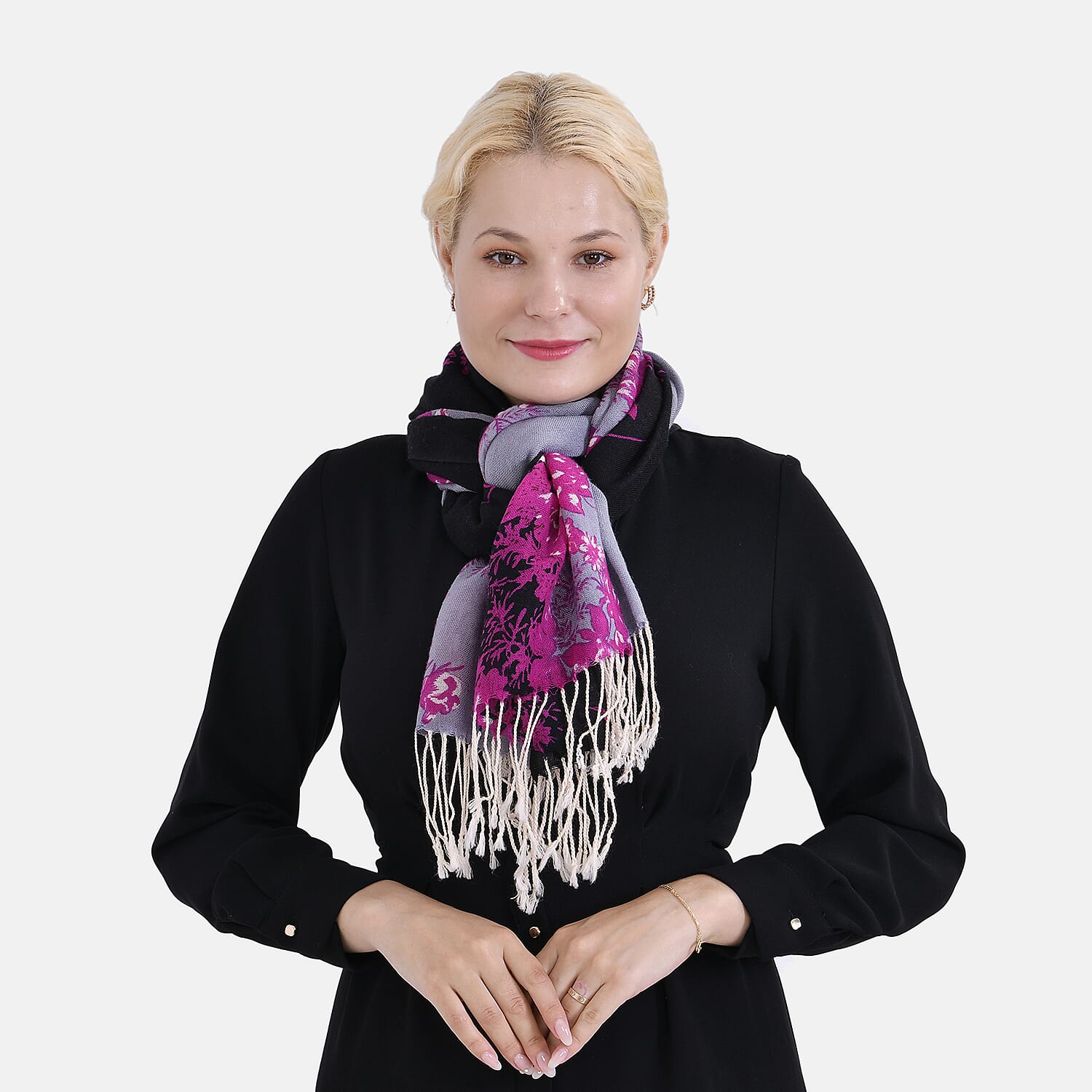 Material 100% Merino Wool size 65 X 180cm Black Base With Purple Flower Print.