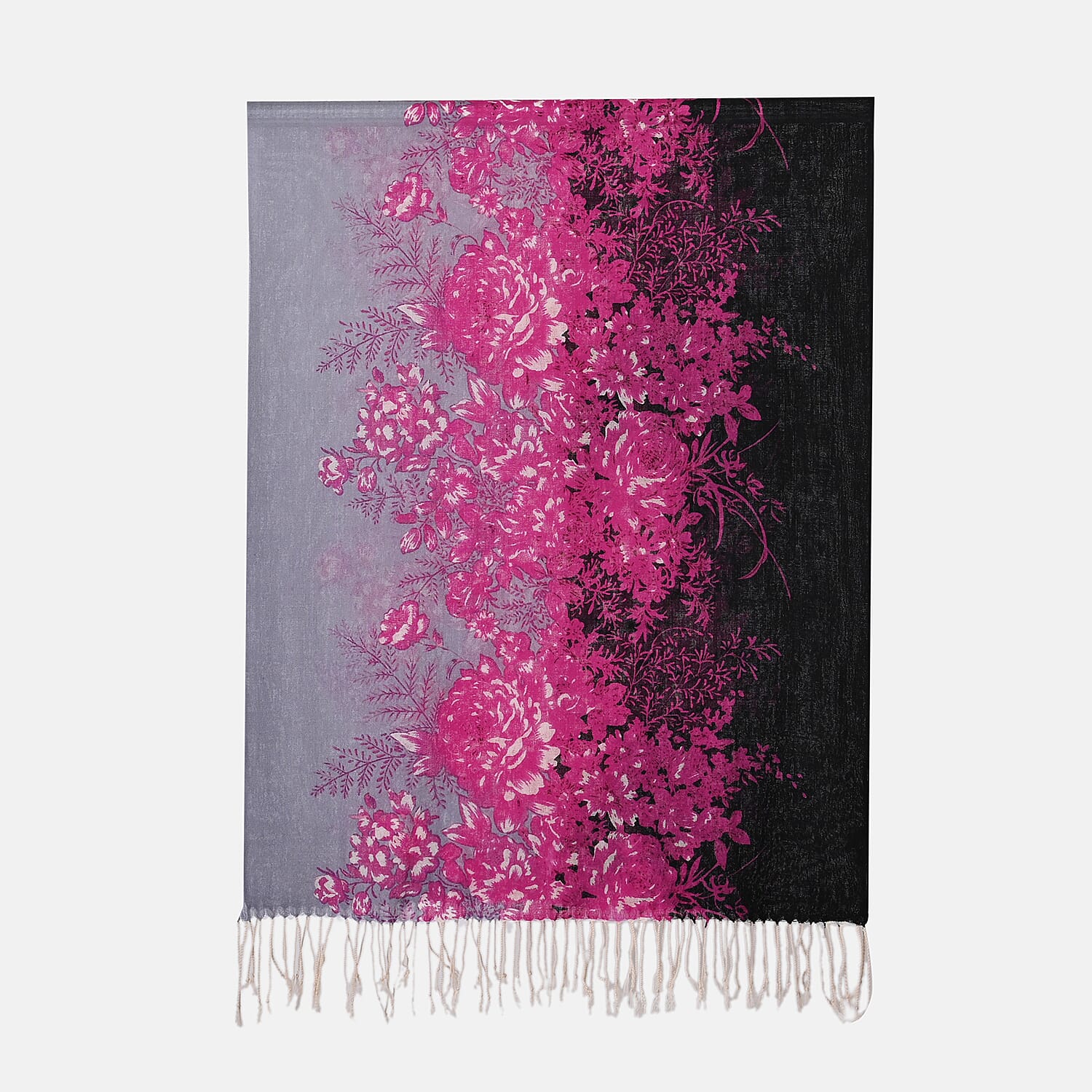 Material 100% Merino Wool size 65 X 180cm Black Base With Purple Flower Print.