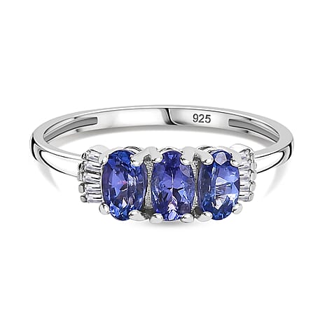 D'Joy Premium AAA Tanzanite & Natural White Diamond Trilogy Ring in Rhodium Overlay Sterling Silver
