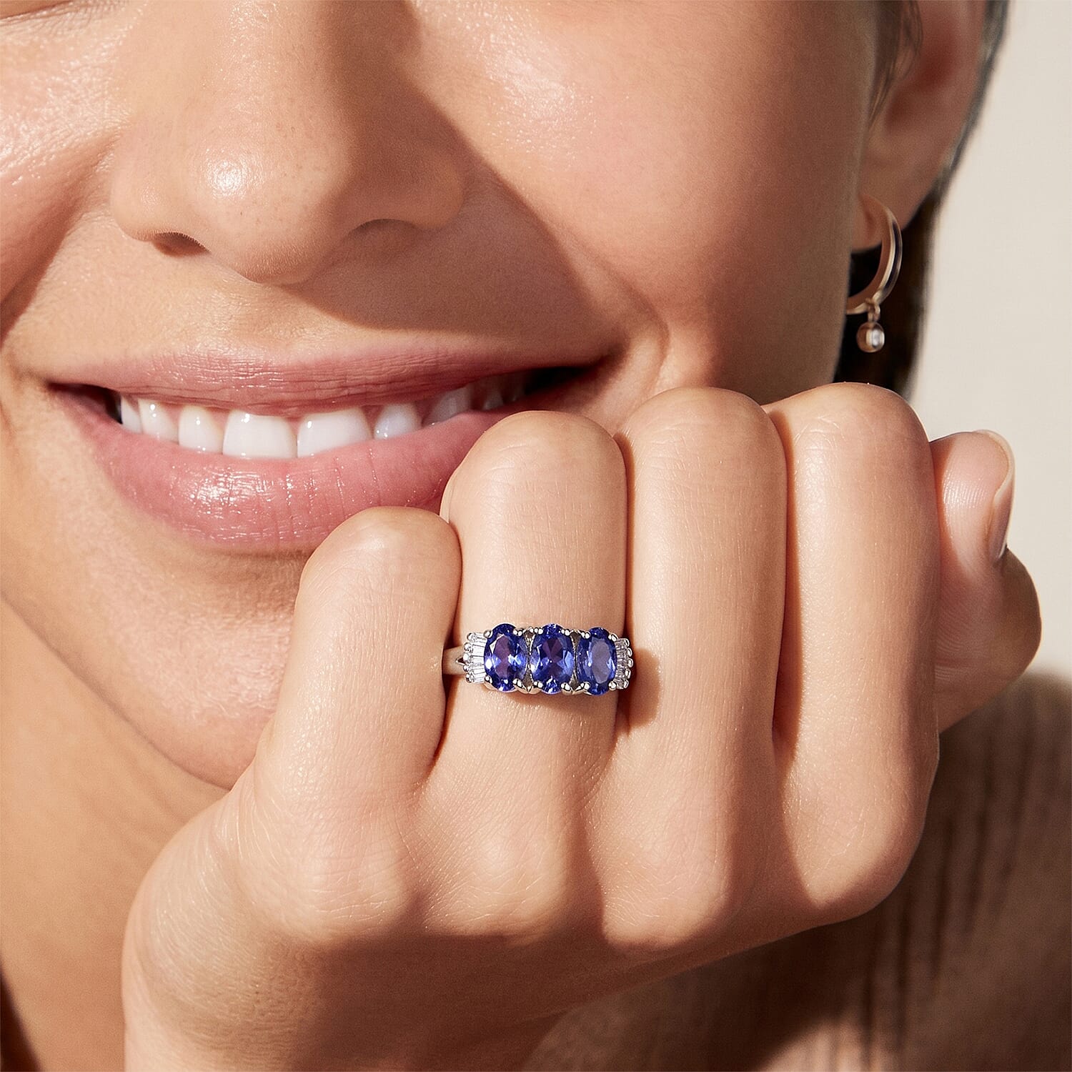 D'Joy Premium AAA Tanzanite & Natural White Diamond Trilogy Ring in Rhodium Overlay Sterling Silver