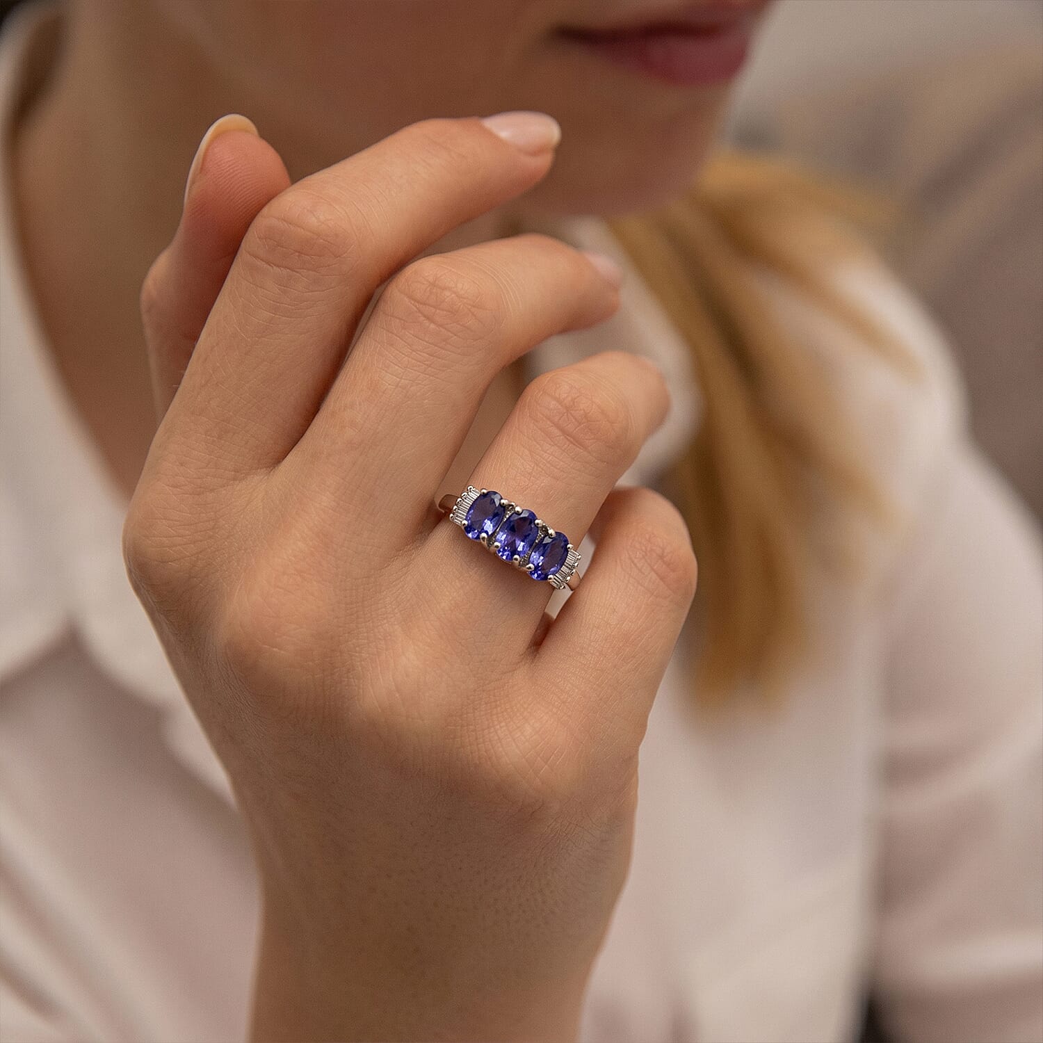 D'Joy Premium AAA Tanzanite & Natural White Diamond Trilogy Ring in Rhodium Overlay Sterling Silver