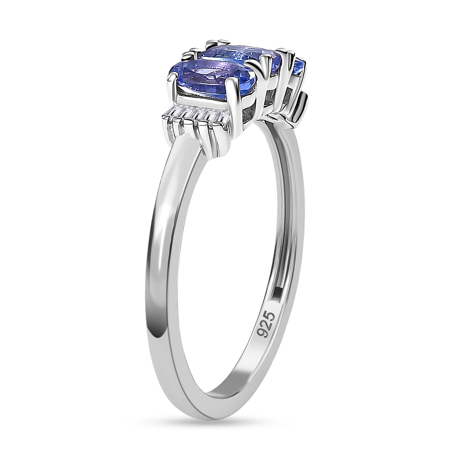 D'Joy Premium AAA Tanzanite & Natural White Diamond Trilogy Ring in Rhodium Overlay Sterling Silver