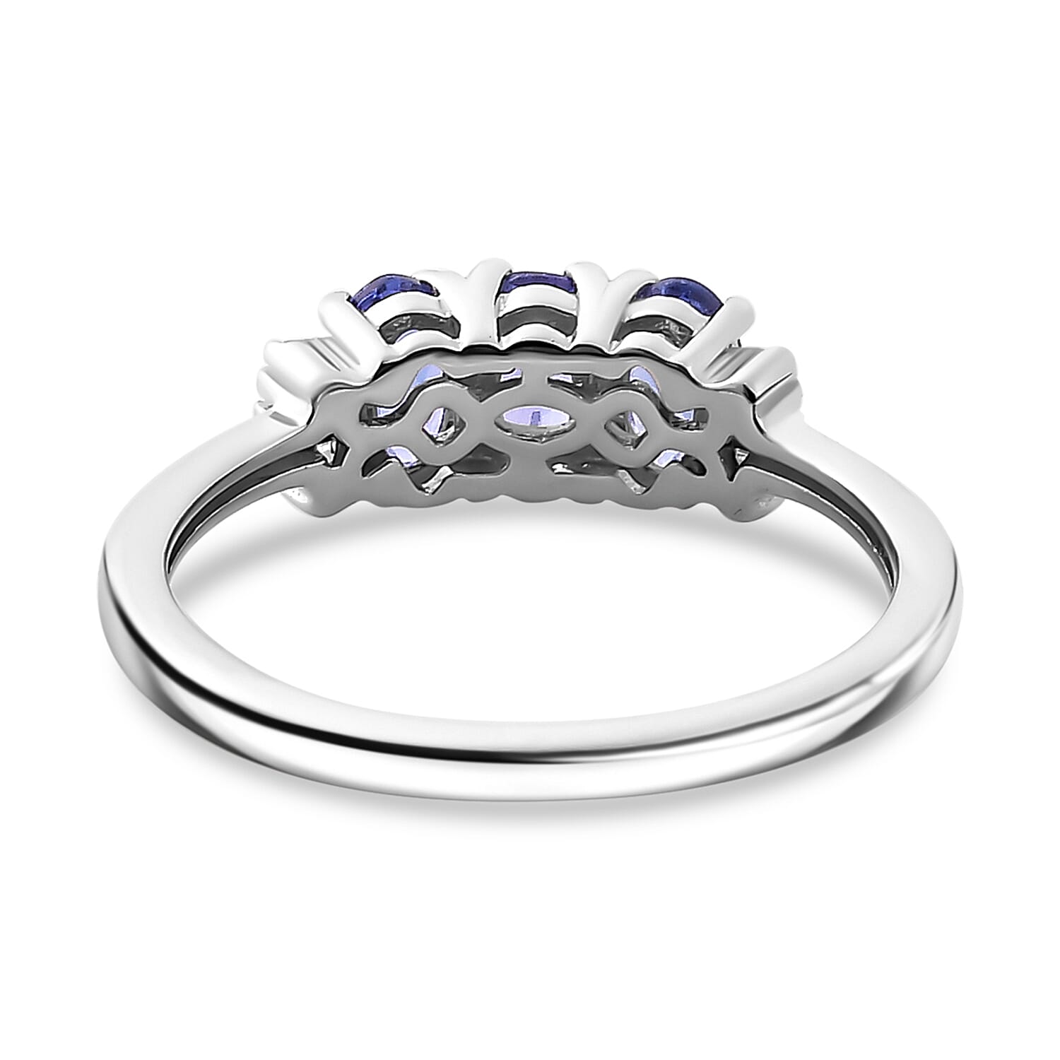 D'Joy Premium AAA Tanzanite & Natural White Diamond Trilogy Ring in Rhodium Overlay Sterling Silver