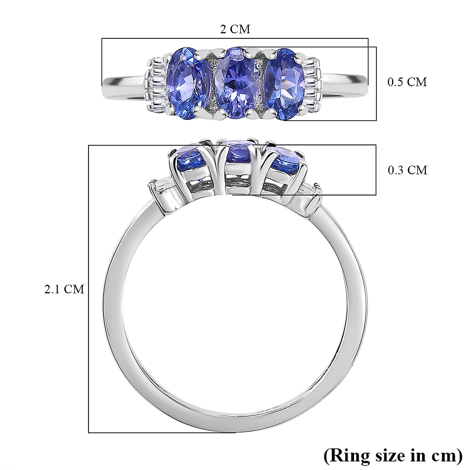 D'Joy Premium AAA Tanzanite & Natural White Diamond Trilogy Ring in Rhodium Overlay Sterling Silver