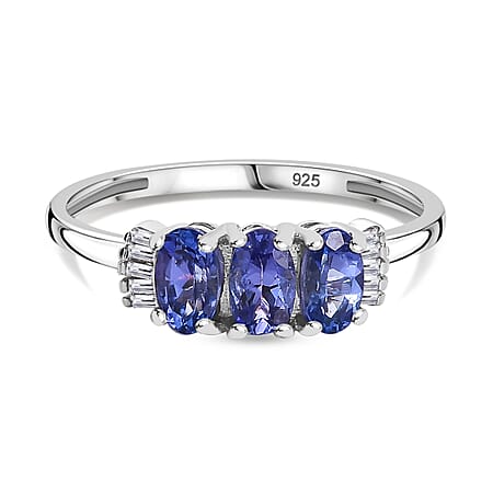 Tanzanite, White Diamond 3 Stone Ring in Rhodium Overlay Sterling Silver