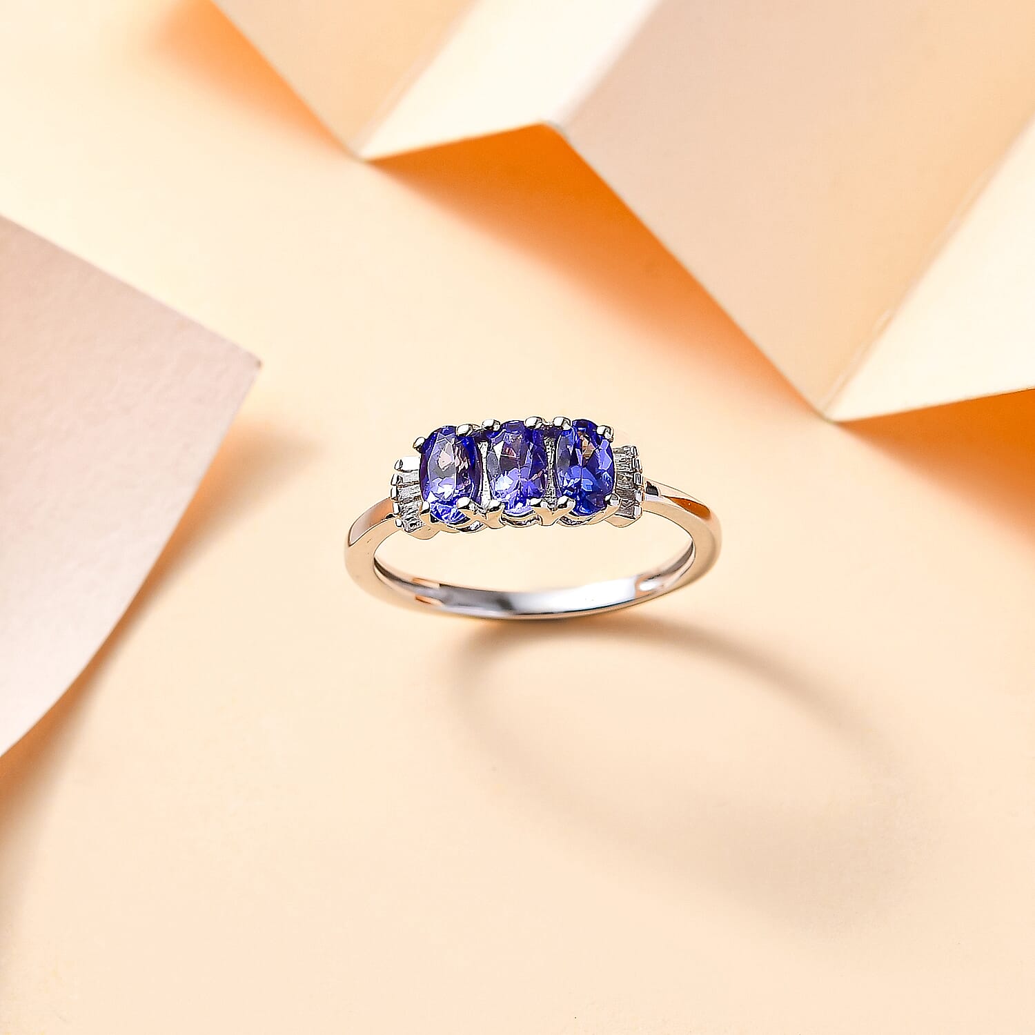 Premium AAA Tanzanite & Natural White Diamond Trilogy Ring in Rhodium Overlay Sterling Silver