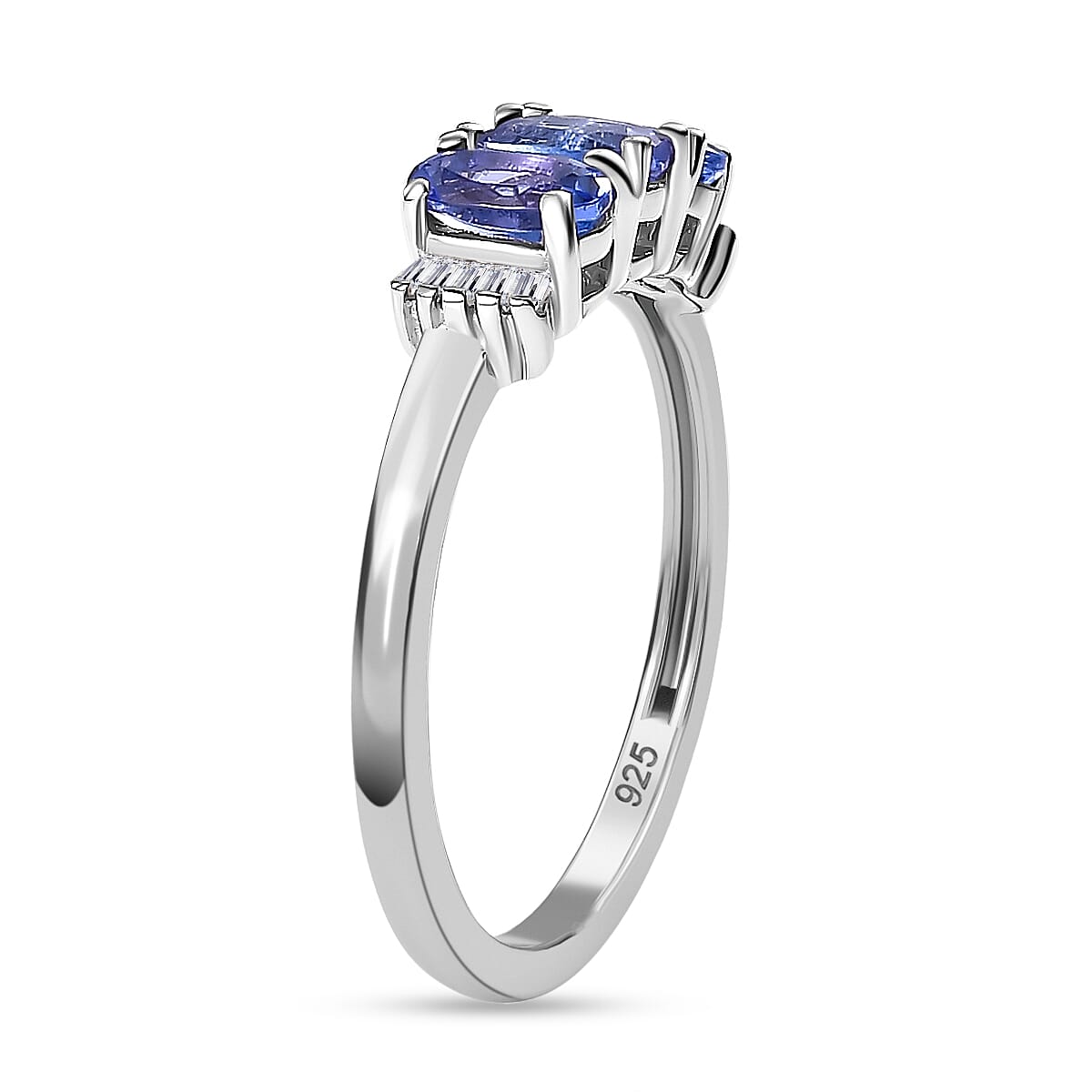 Premium AAA Tanzanite & Natural White Diamond Trilogy Ring in Rhodium Overlay Sterling Silver