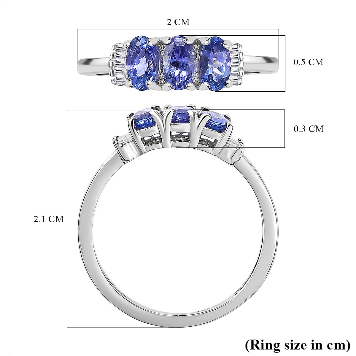 Premium AAA Tanzanite & Natural White Diamond Trilogy Ring in Rhodium Overlay Sterling Silver