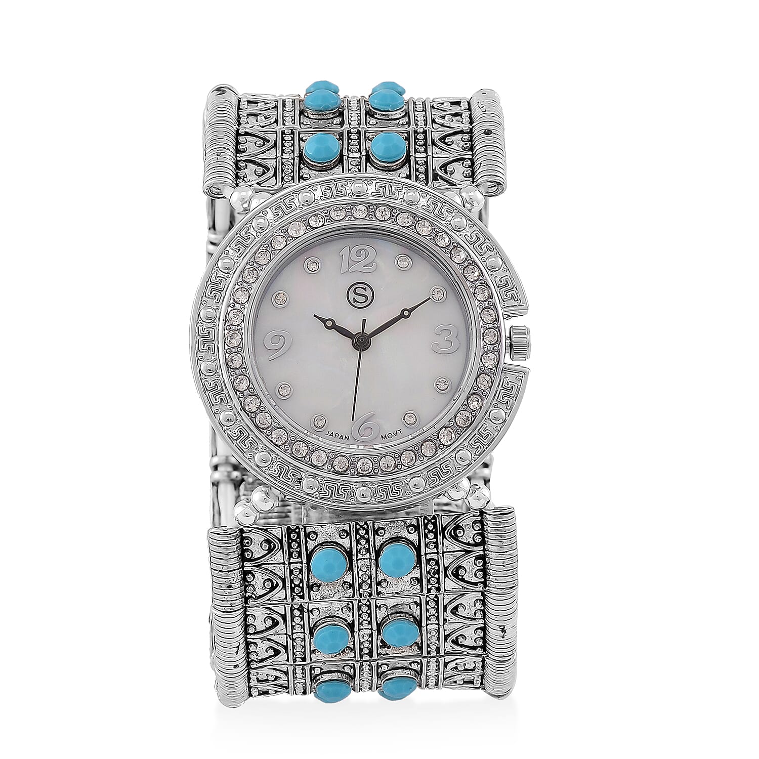 STRADA Japan Movt. Water Resistant White Dial Crystal Studded Watch with Blue Bracelet