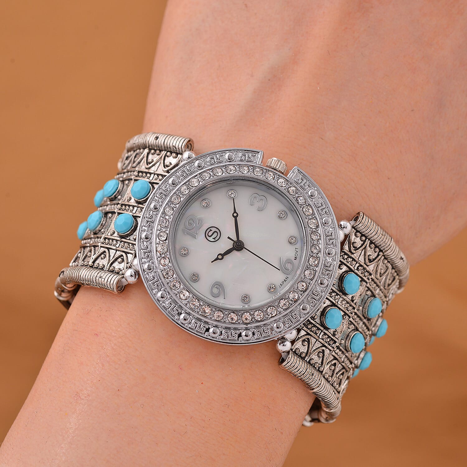 STRADA Japan Movt. Water Resistant White Dial Crystal Studded Watch with Blue Bracelet