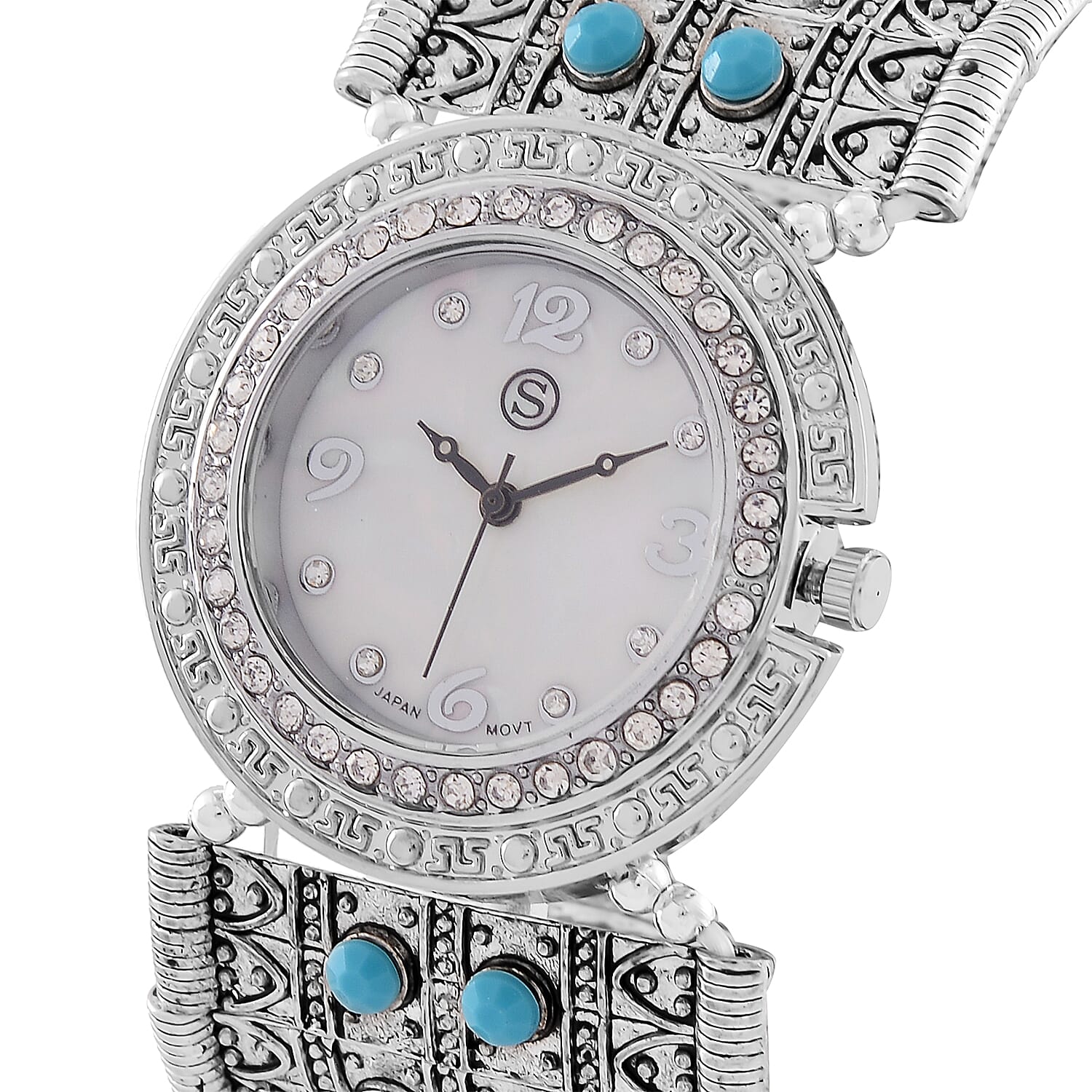 STRADA Japan Movt. Water Resistant White Dial Crystal Studded Watch with Blue Bracelet