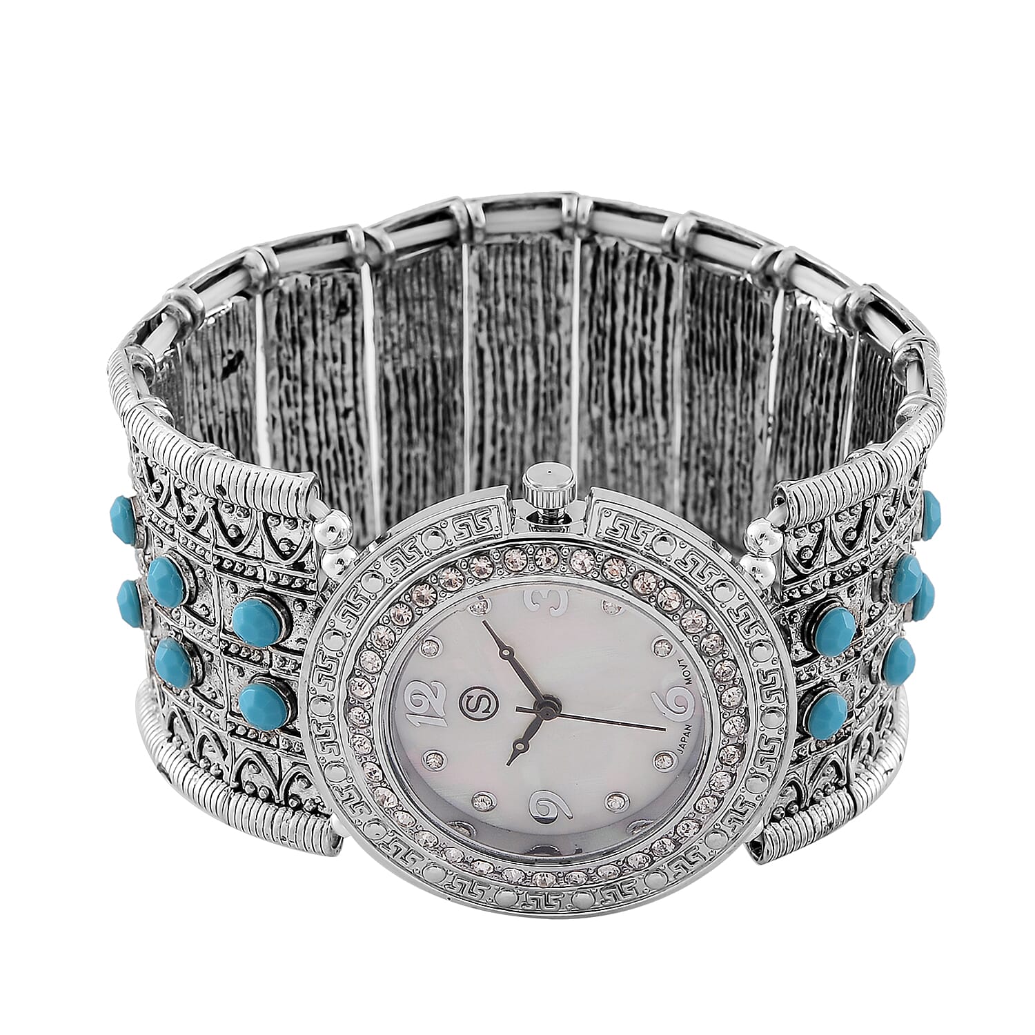 STRADA Japan Movt. Water Resistant White Dial Crystal Studded Watch with Blue Bracelet