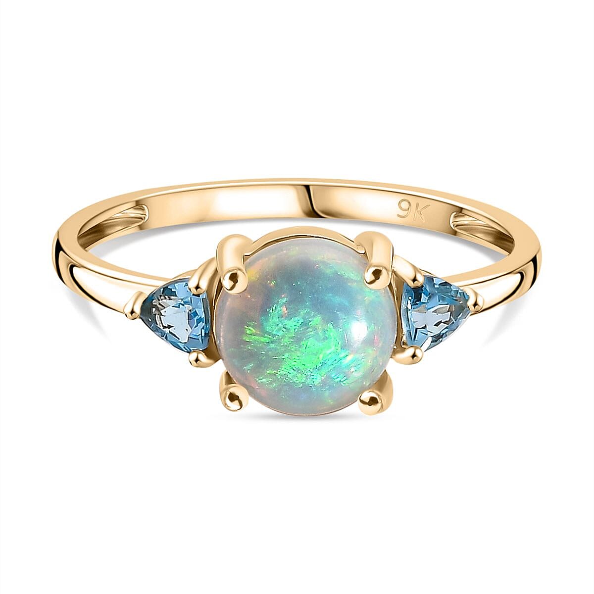 9K Yellow Gold Ethiopian Opal & Skyblue Topaz Solitaire Ring 1.10 Ct