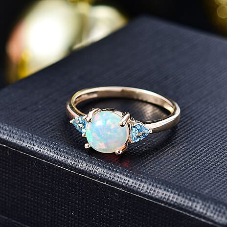 9K Yellow Gold Ethiopian Opal & Skyblue Topaz Solitaire Ring 1.10 Ct