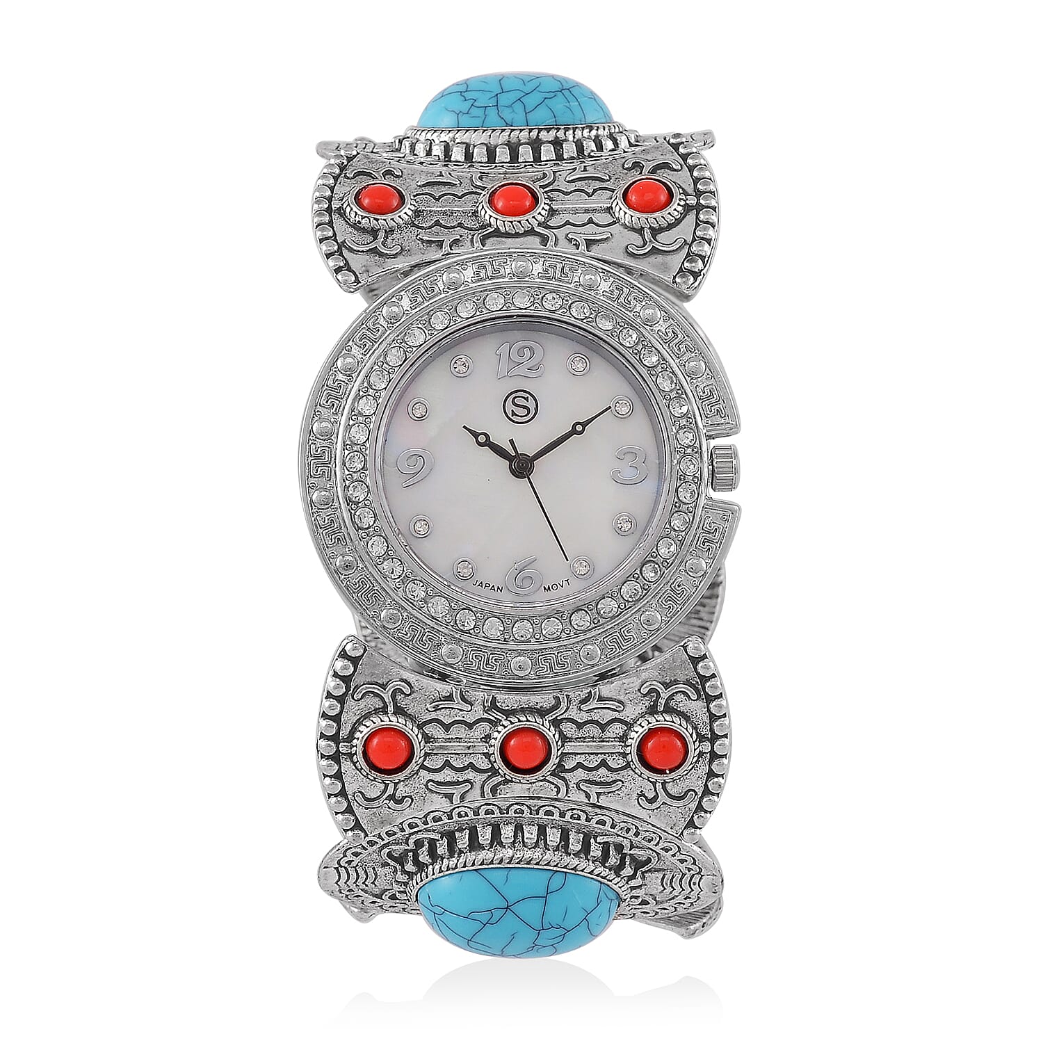 STRADA Japan Movt. White Dial Black Oxidised Crystal Studded Watch with Blue - Red Bracelet