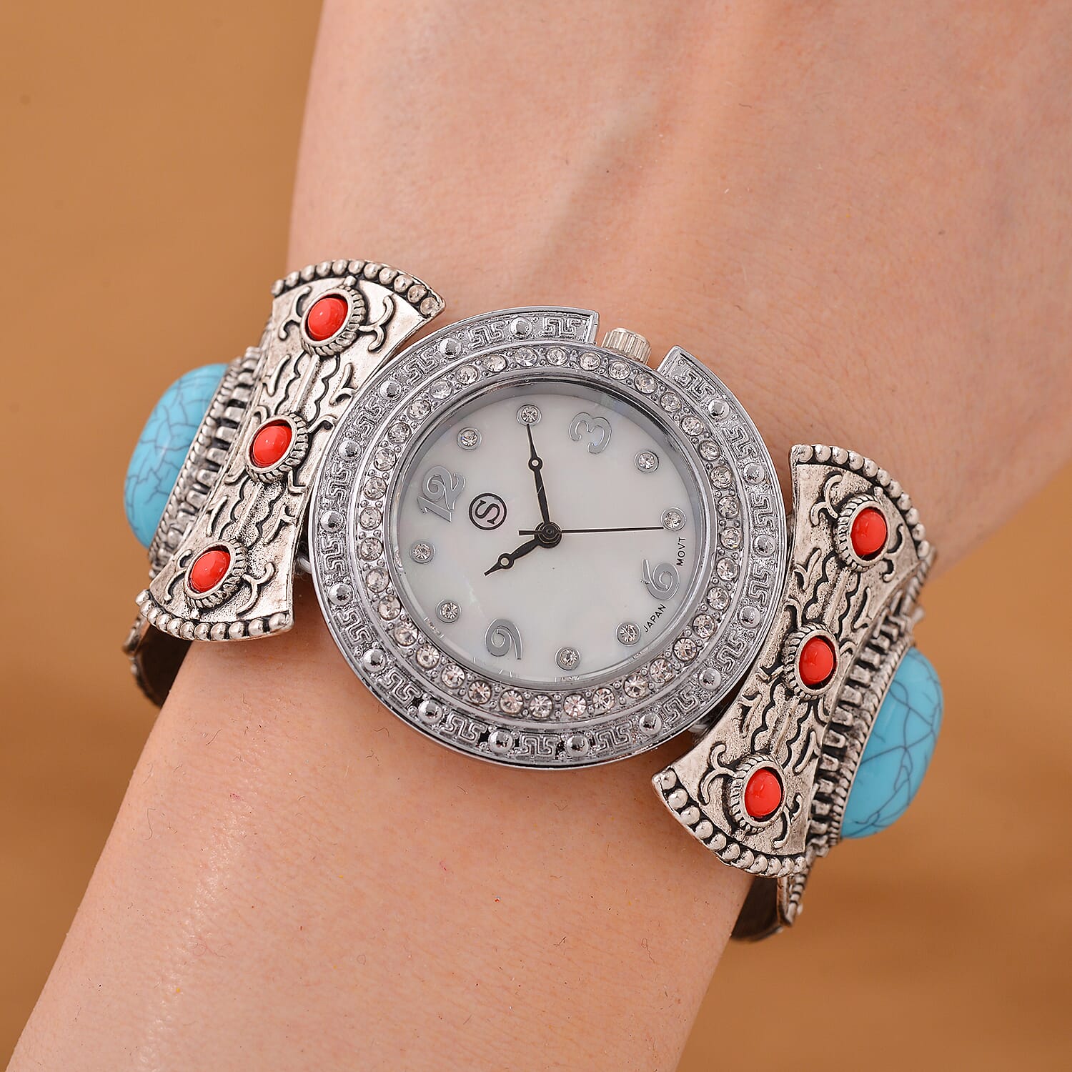 STRADA Japan Movt. White Dial Black Oxidised Crystal Studded Watch with Blue - Red Bracelet