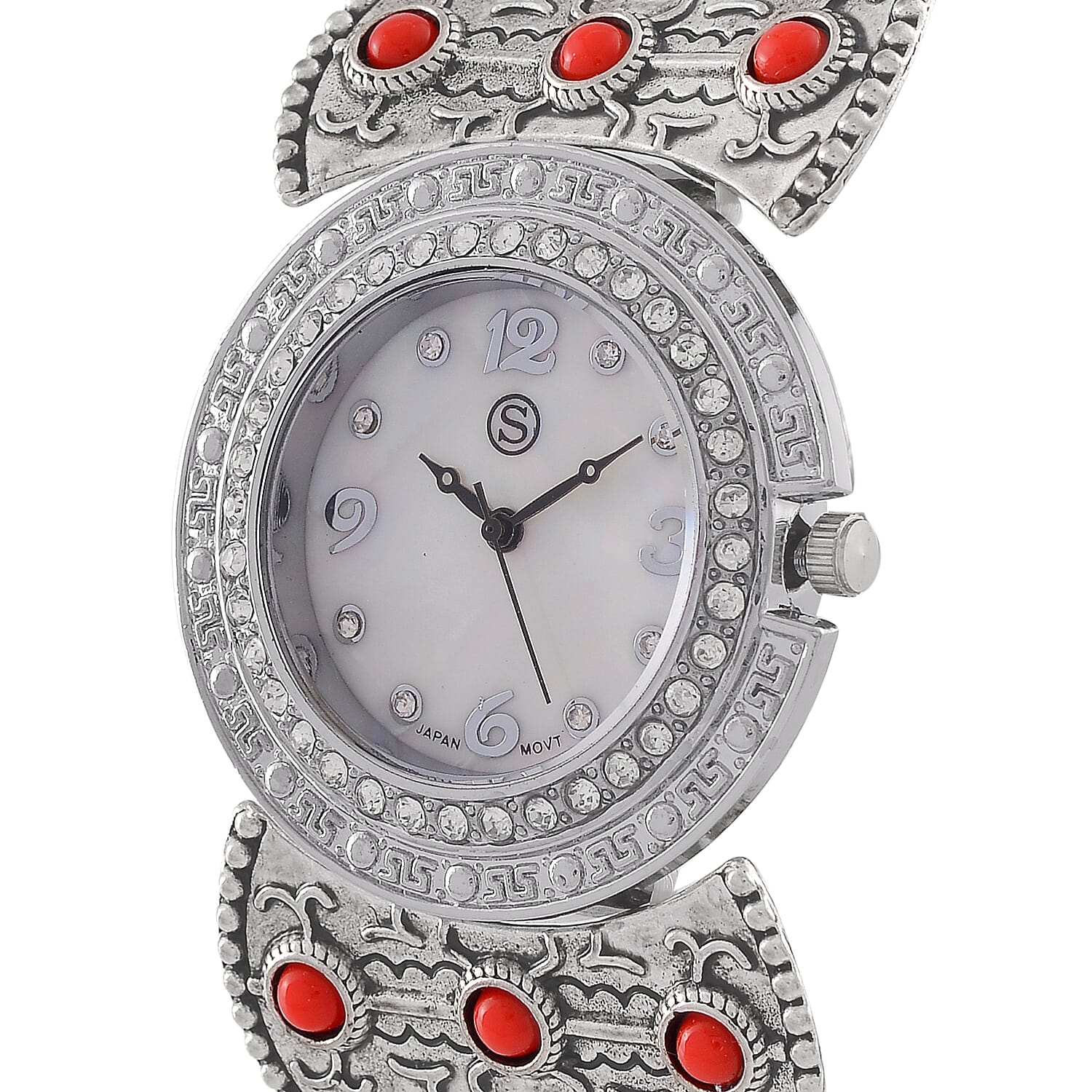 STRADA Japan Movt. White Dial Black Oxidised Crystal Studded Watch with Blue - Red Bracelet