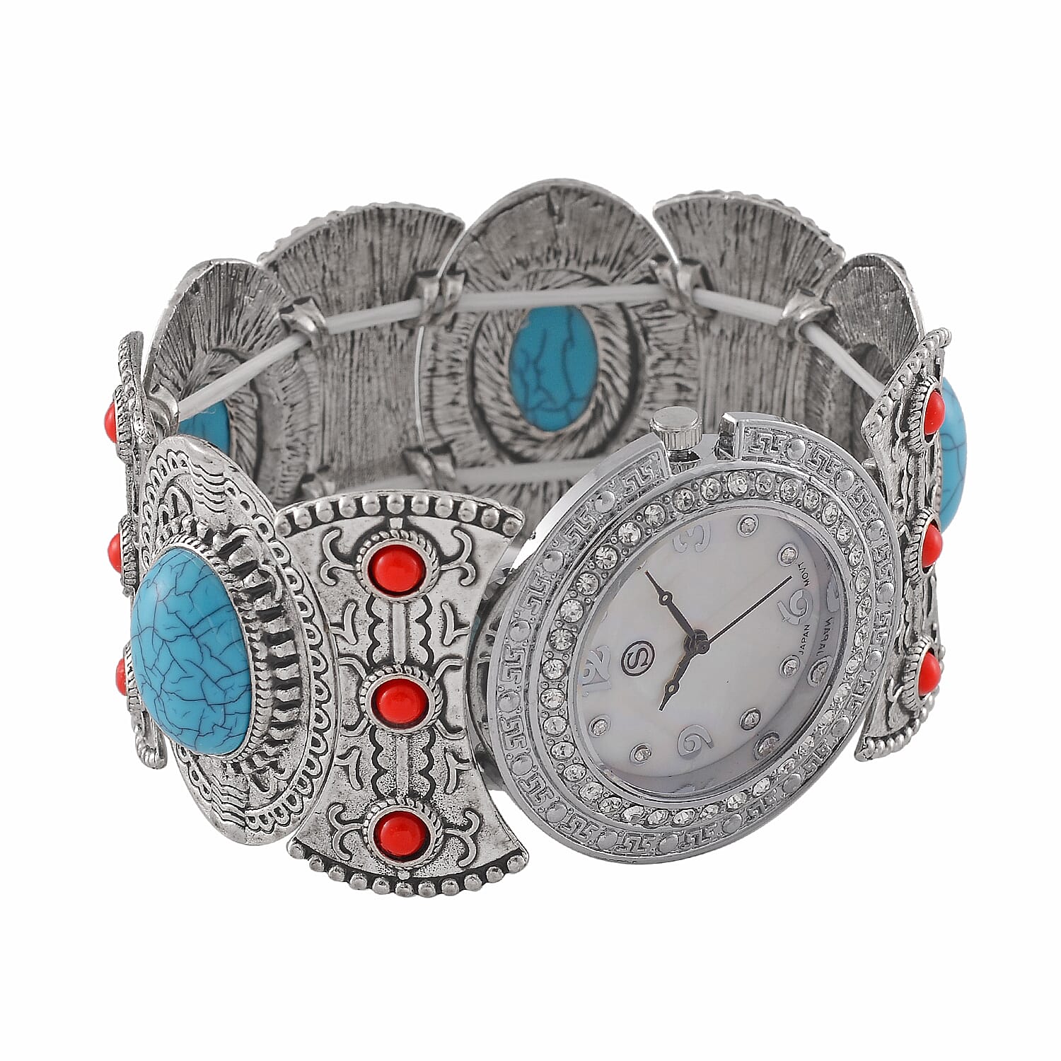 STRADA Japan Movt. White Dial Black Oxidised Crystal Studded Watch with Blue - Red Bracelet
