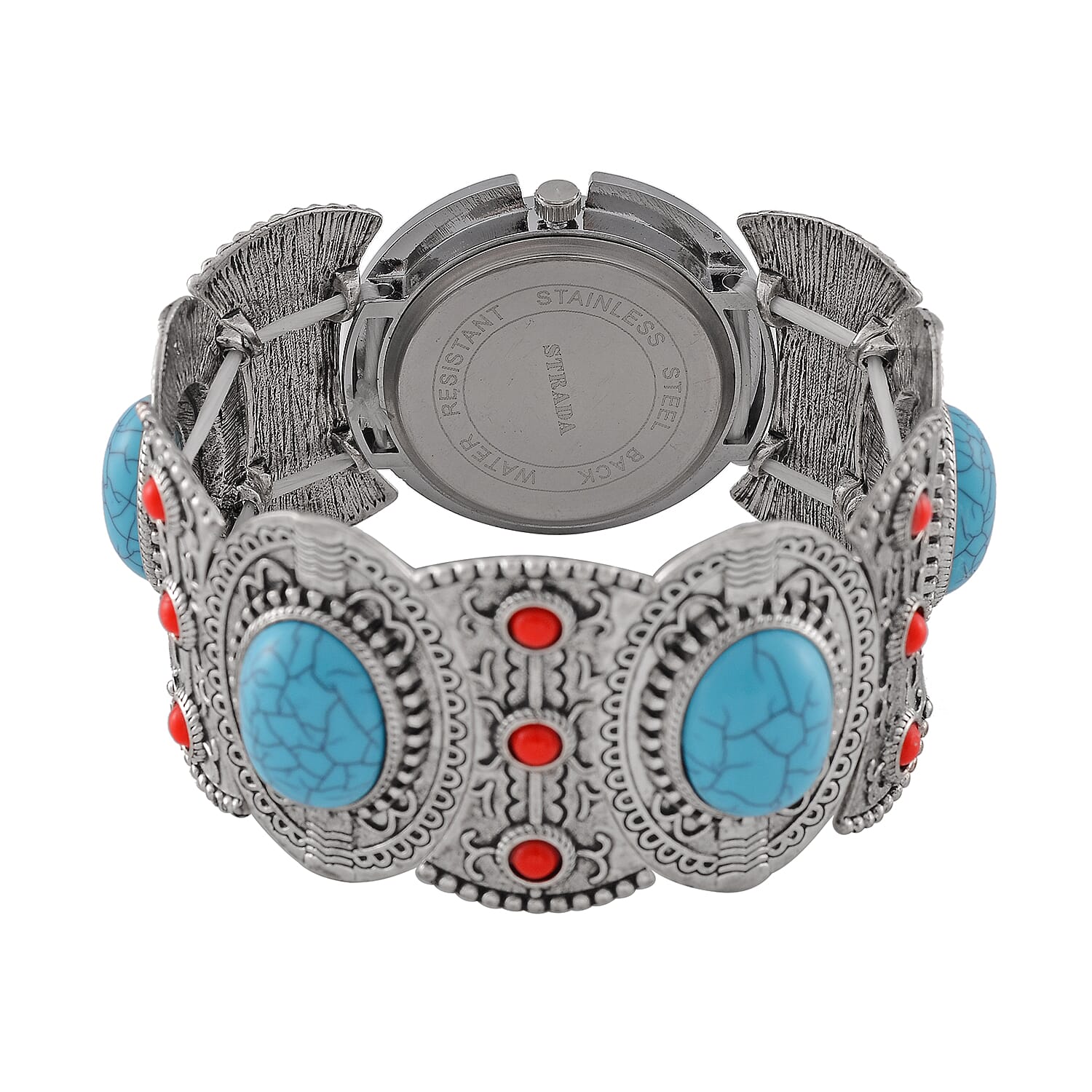 STRADA Japan Movt. White Dial Black Oxidised Crystal Studded Watch with Blue - Red Bracelet