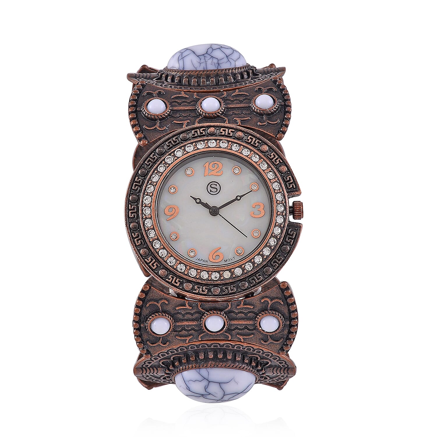 STRADA Japan Movt. White Dial Black Oxidised Crystal Studded Watch with White Bracelet