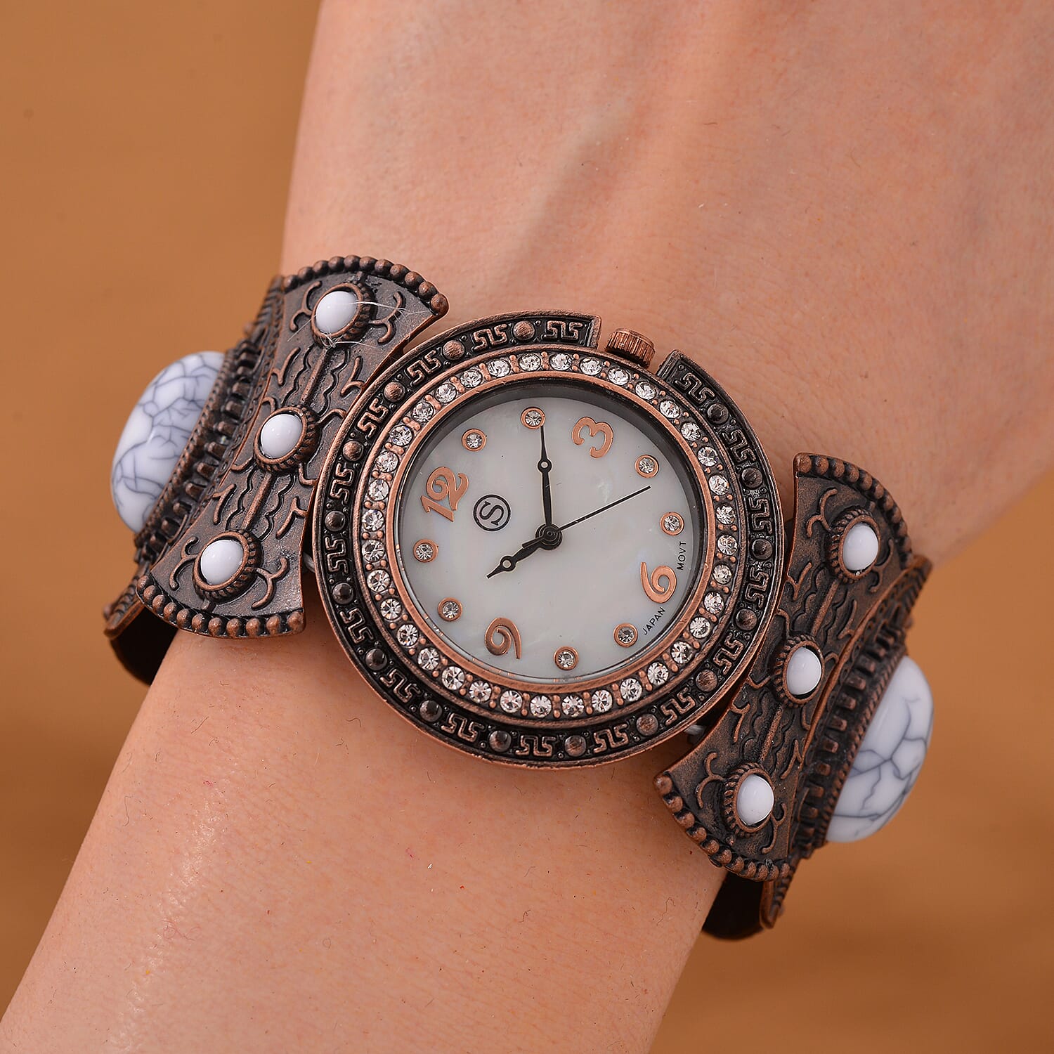 STRADA Japan Movt. White Dial Black Oxidised Crystal Studded Watch with White Bracelet