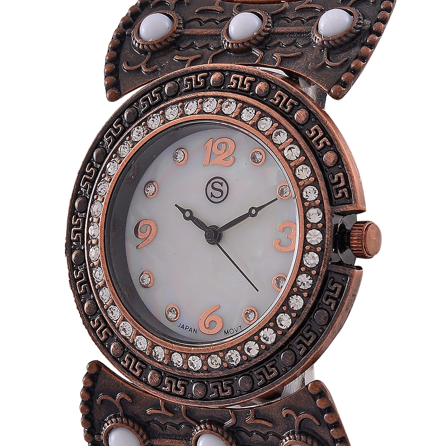 STRADA Japan Movt. White Dial Black Oxidised Crystal Studded Watch with White Bracelet