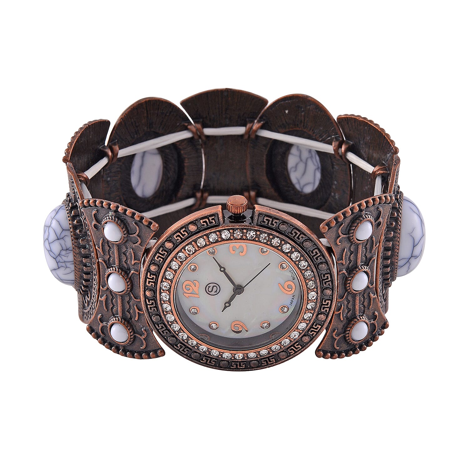 STRADA Japan Movt. White Dial Black Oxidised Crystal Studded Watch with White Bracelet