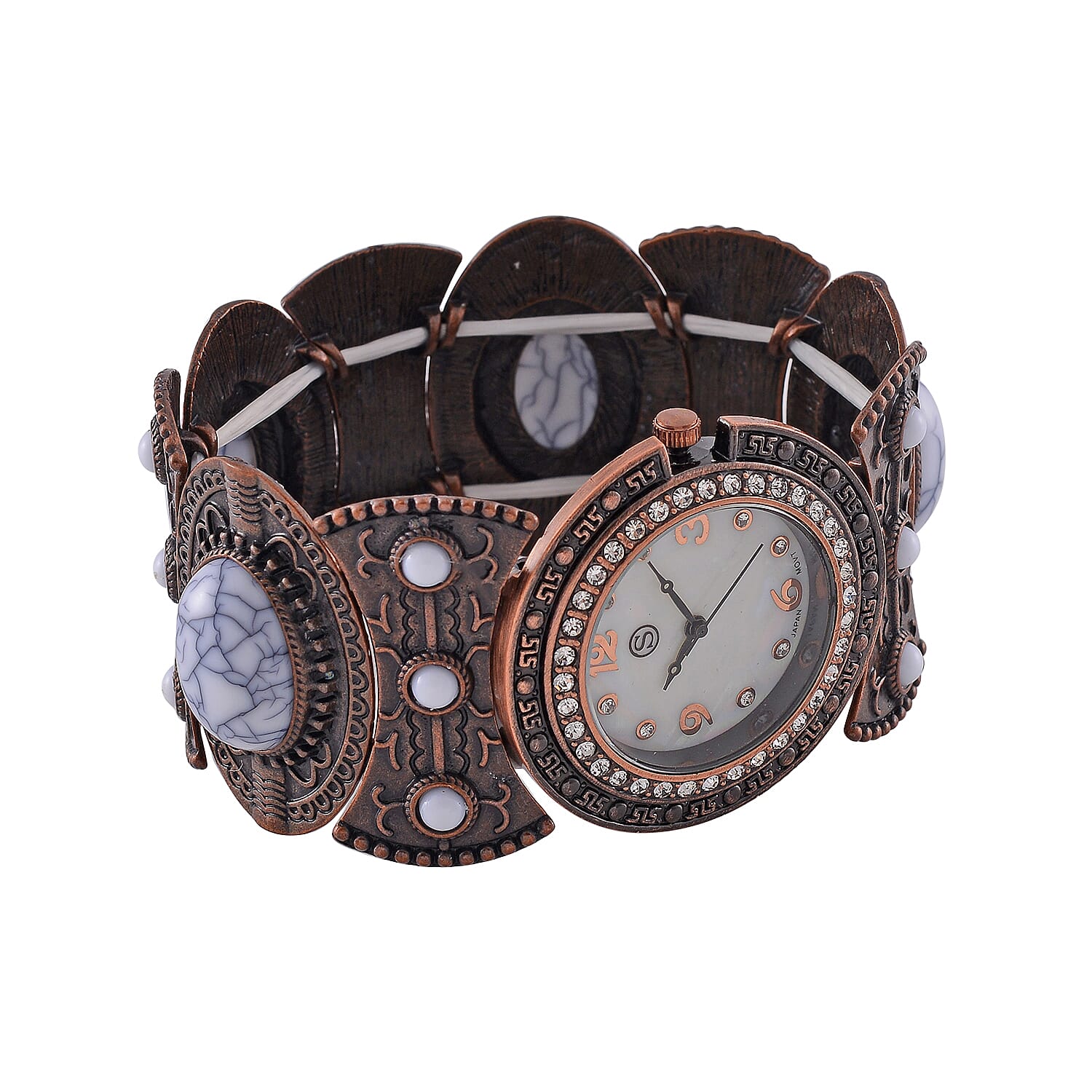 STRADA Japan Movt. White Dial Black Oxidised Crystal Studded Watch with White Bracelet