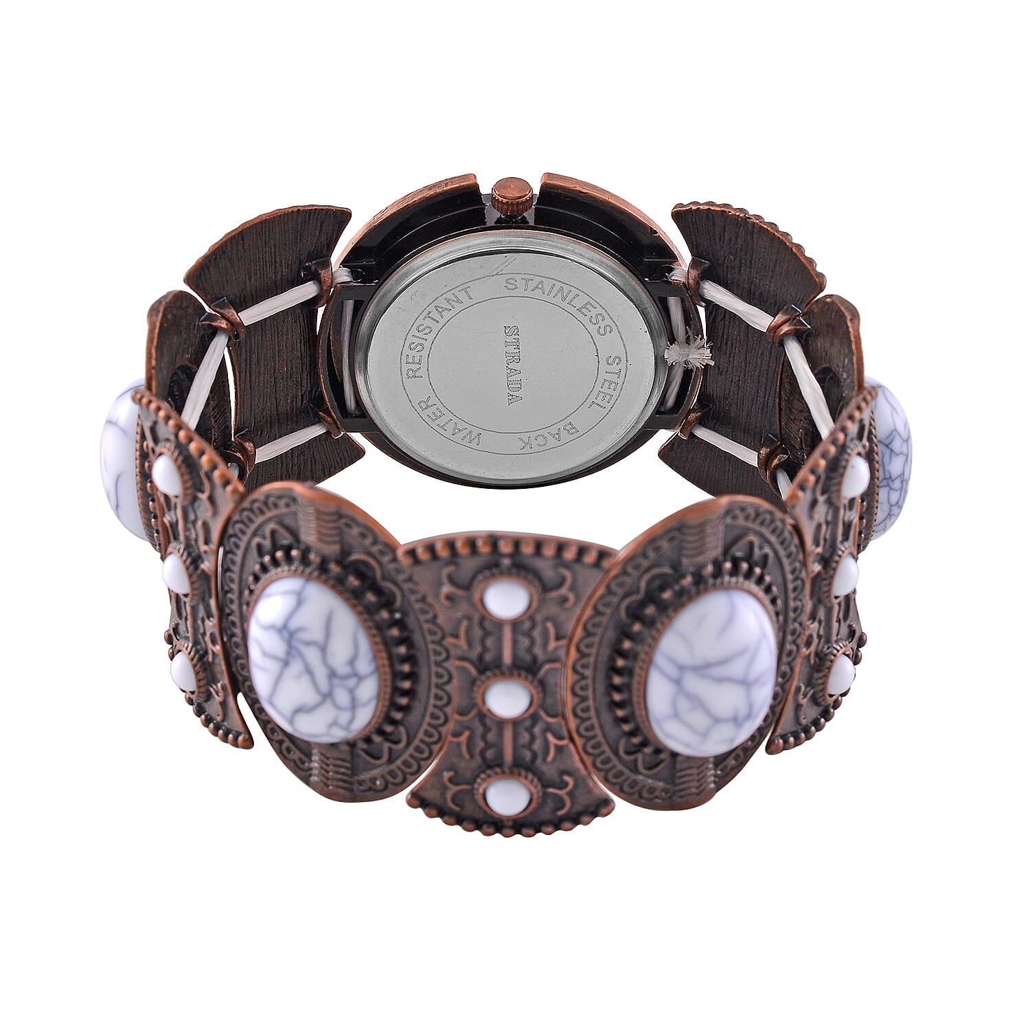 STRADA Japan Movt. White Dial Black Oxidised Crystal Studded Watch with White Bracelet