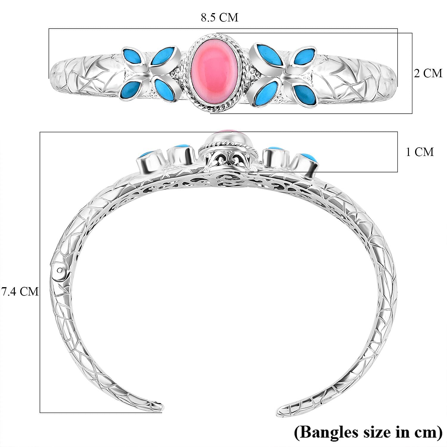 Royal Bali Collection - Pink Conch Shell & Sleeping Beauty Turquoise Bangle (Size - 7.5) in Sterling Silver 7.15 Ct, Silver Wt. 28.44 Gms. Royal Bali Collection - Pink Conch Shell & Sleeping Beauty Turquoise Bangle (Size - 7.5) in Sterling Silver 7.15 Ct, Silver Wt. 28.44 Gms.