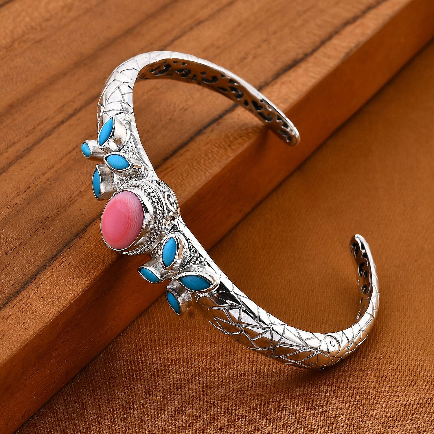 Royal Bali Collection - Pink Conch Shell & Sleeping Beauty Turquoise Bangle (Size - 7.5) in Sterling Silver 7.15 Ct, Silver Wt. 28.44 Gms. Royal Bali Collection - Pink Conch Shell & Sleeping Beauty Turquoise Bangle (Size - 7.5) in Sterling Silver 7.15 Ct, Silver Wt. 28.44 Gms.