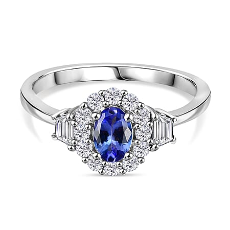 Tanzanite, White Zircon Halo Ring in Rhodium Plated Sterling Silver