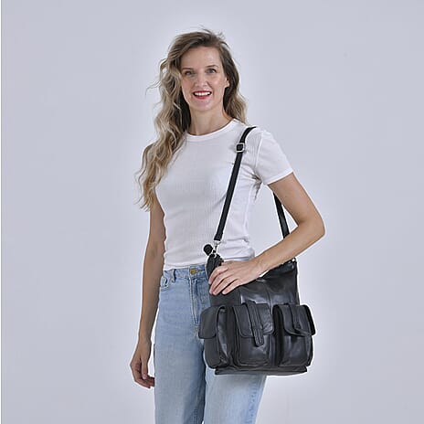 Italy Retro Noble Collection Genuine Leather 2 in 1 Crossbody Bag - Black