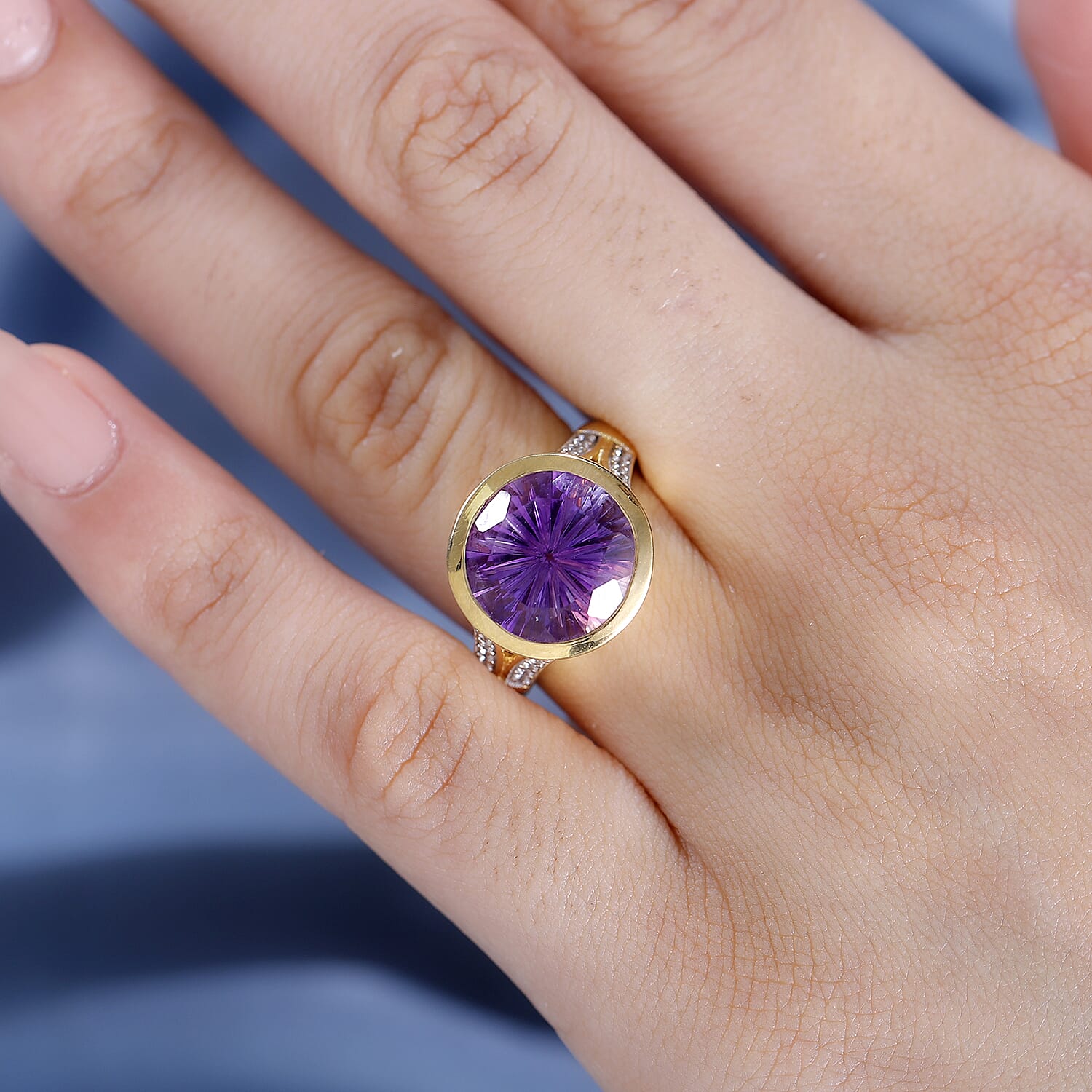 Voilate Inspired Moroccan Amethyst & White Zircon Solitaire Ring in 18K Vermeil Yellow Gold 6.01 Ct.