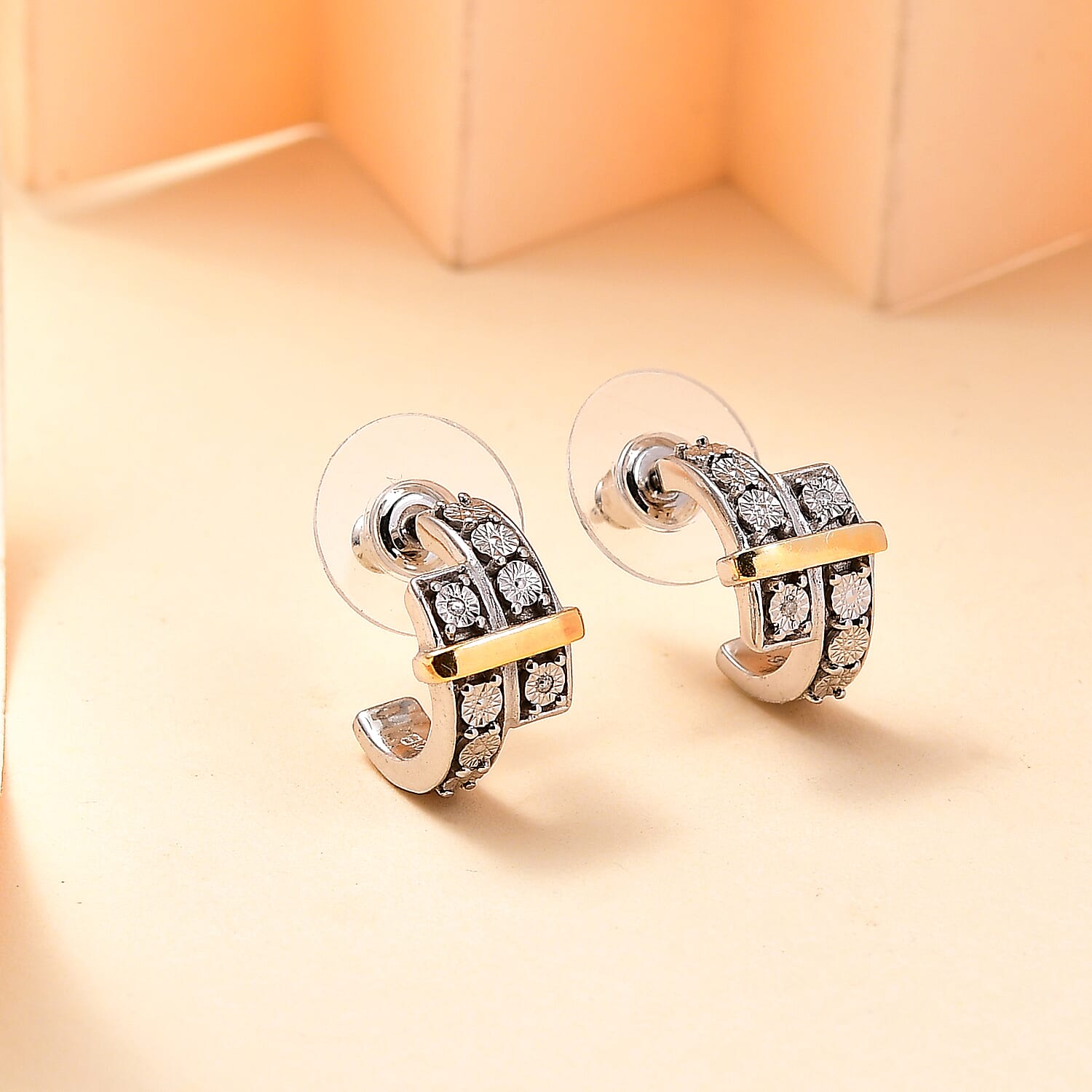 Designer Close Out - Natural White Diamond Earrings Yellow Pen Plating Design Element With Plastic Push Back.
