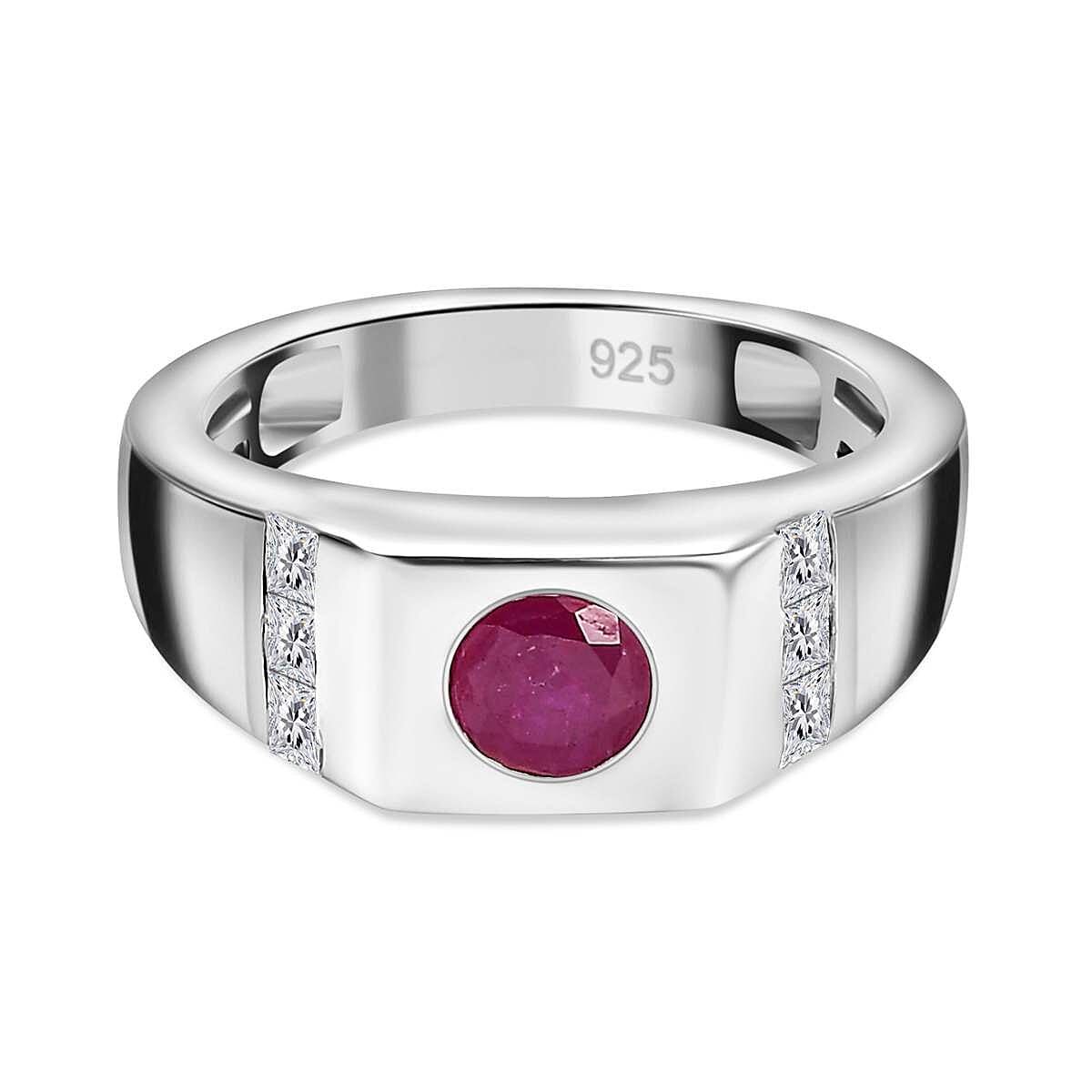 Gemfields Montepuez Ruby ,  Moissanite  Main Stone With Side Stone Ring in rhodium Sterling Silver Wt. 6 Gms  1.006  Ct.