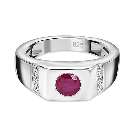 Gemfields Montepuez Ruby ,  Moissanite  Main Stone With Side Stone Ring in rhodium Sterling Silver Wt. 6 Gms  1.006  Ct.