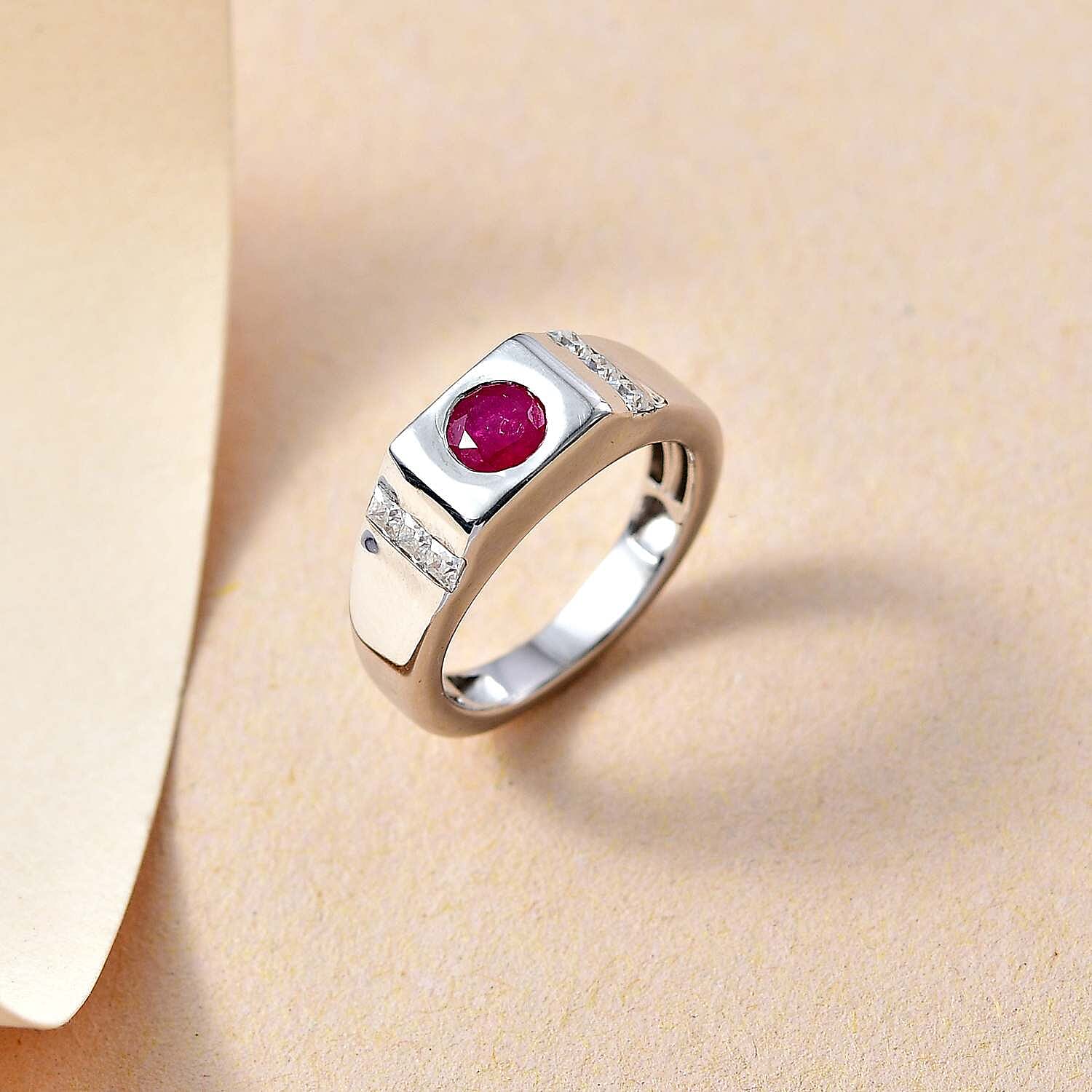 Gemfields Montepuez Ruby ,  Moissanite  Main Stone With Side Stone Ring in rhodium Sterling Silver Wt. 6 Gms  1.006  Ct.