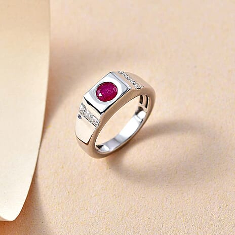 Gemfields Montepuez Ruby ,  Moissanite  Main Stone With Side Stone Ring in rhodium Sterling Silver Wt. 6 Gms  1.006  Ct.