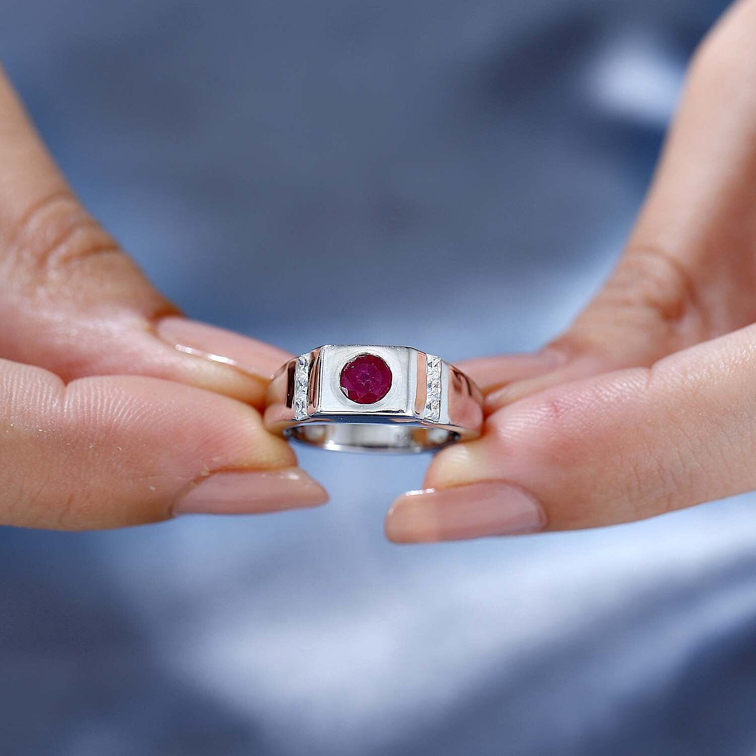 Gemfields Montepuez Ruby ,  Moissanite  Main Stone With Side Stone Ring in rhodium Sterling Silver Wt. 6 Gms  1.006  Ct.