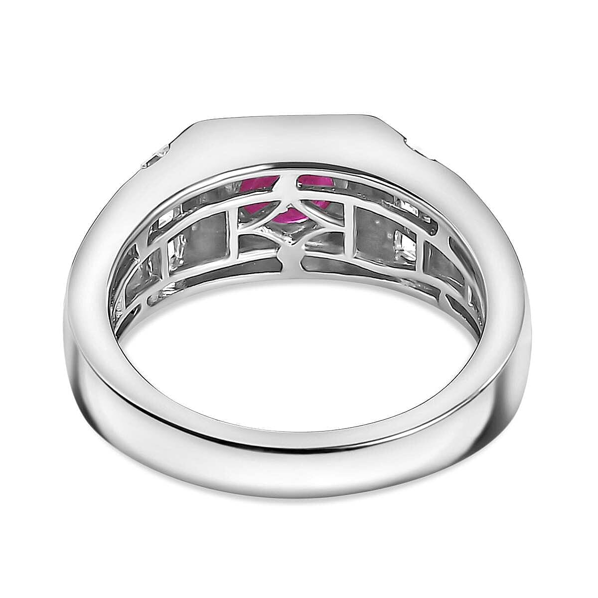 Gemfields Montepuez Ruby ,  Moissanite  Main Stone With Side Stone Ring in rhodium Sterling Silver Wt. 6 Gms  1.006  Ct.