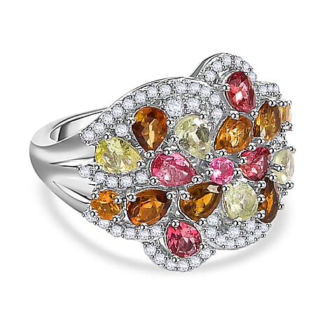 Multi-Tourmaline & Zircon Cluster Ring in Rhodium Overlay Sterling Silver 3.23 Ct