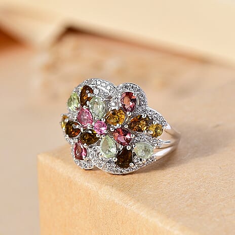 Multi-Tourmaline & Zircon Cluster Ring in Rhodium Overlay Sterling Silver 3.23 Ct