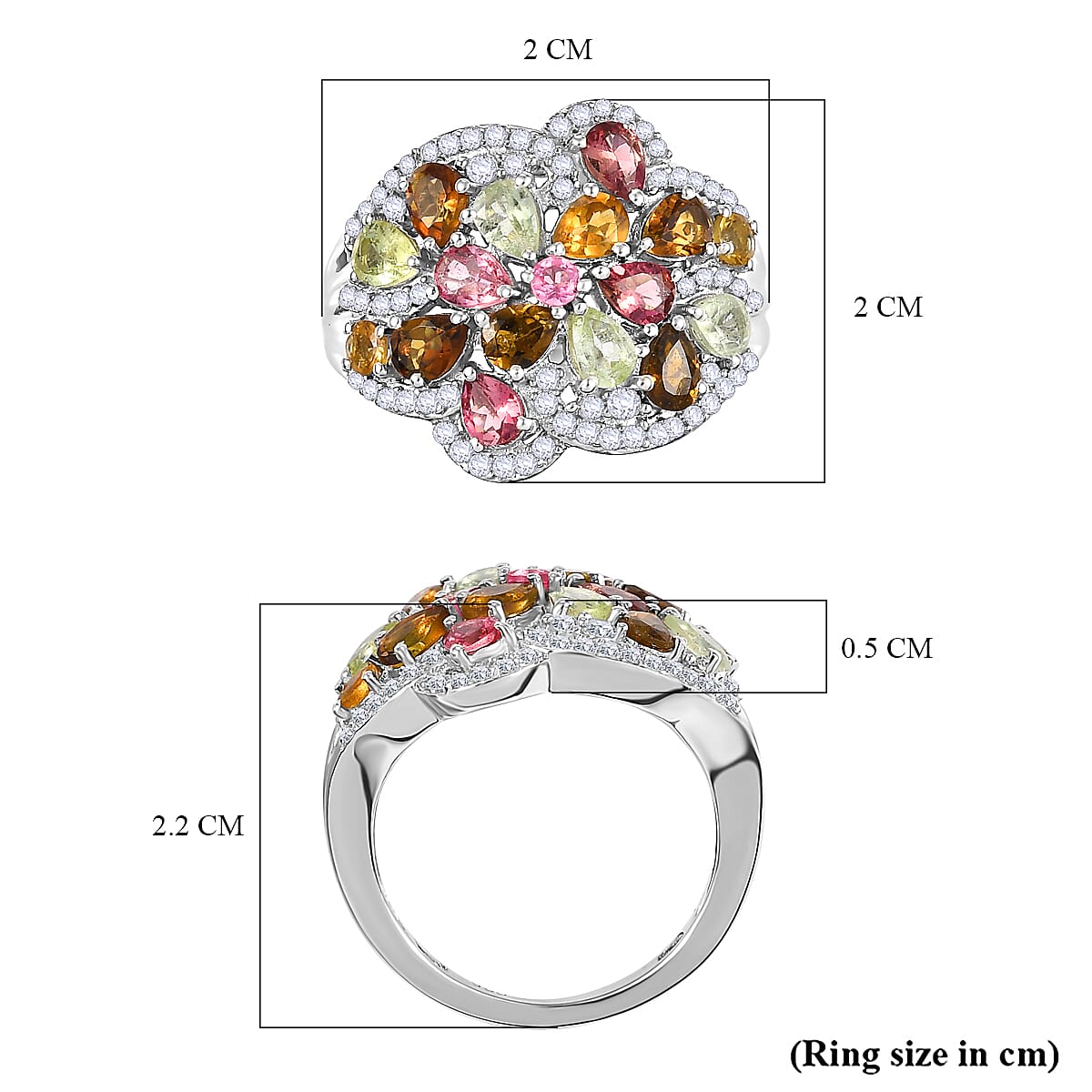 Multi-Tourmaline & Zircon Cluster Ring in Rhodium Overlay Sterling Silver 3.23 Ct Multi-Tourmaline & Zircon Cluster Ring in Rhodium Overlay Sterling Silver 3.23 Ct