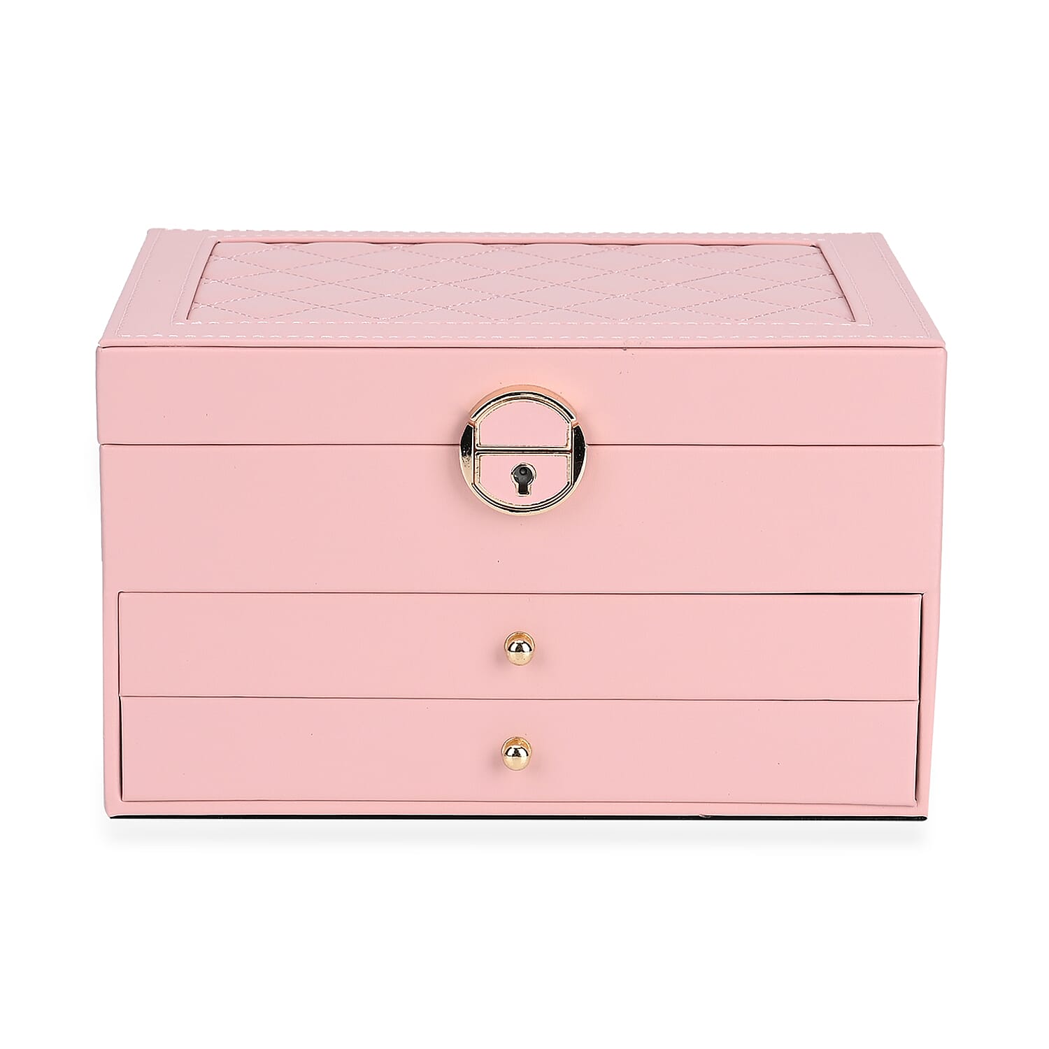 3 Layer Quilted Jewellery Box With Lock & Key - Pink