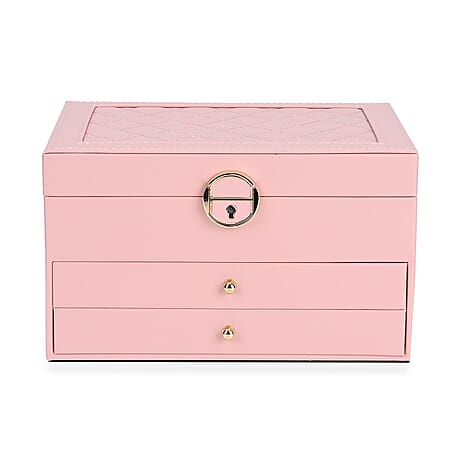 3 Layer Quilted Jewellery Box With Lock & Key - Pink
