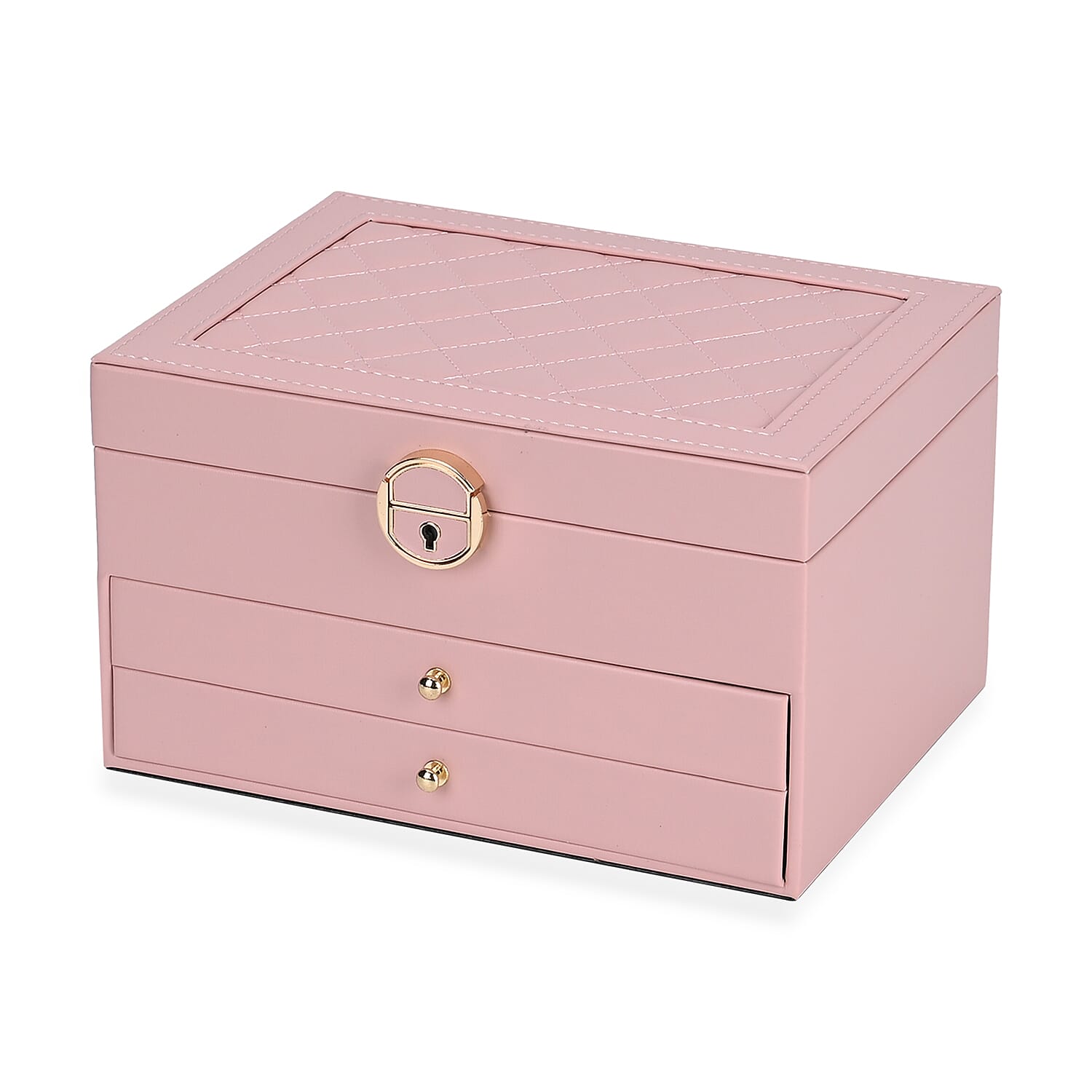 3 Layer Quilted Jewellery Box With Lock & Key - Pink