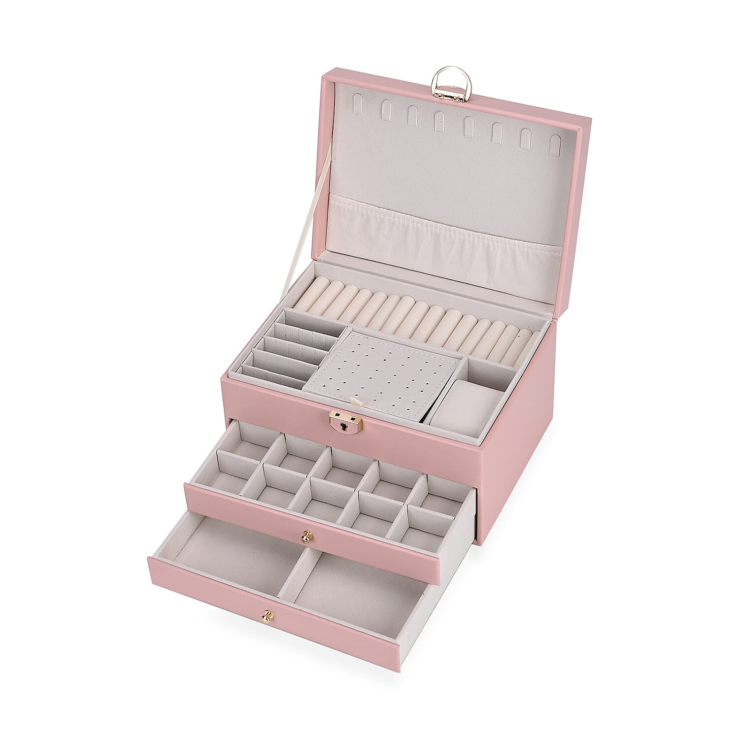 3 Layer Quilted Jewellery Box With Lock & Key - Pink